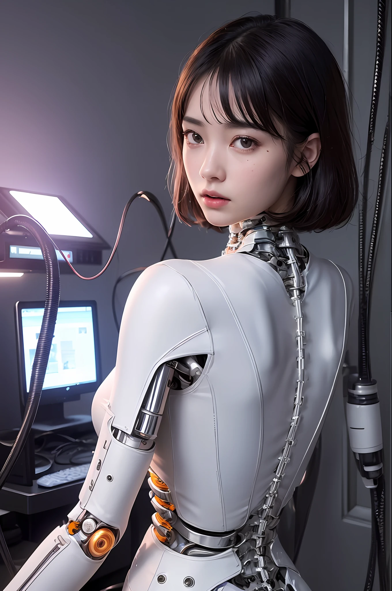 ((​masterpiece))), (((Top image quality))), ((ultra-detailliert)), (High Definition Computer Illustration), ((extremely delicate and beautiful)),(from side),Cinematic light, ((1 Machine Girl)), 独奏, full bodyesbian, (Mechanical joints: 1.2), ((Mechanical limbs)), (blood vessels connected to tubes), (Mechanical vertebrae attached to the back), ((Mechanical cervical neck attached)),(Close the camera),deadpan,(Wires and cables attached to the neck:1.2),(wires and cables on the head:1.2)(charactor focus)、((SF))、ighly detailed、As detailed as possible、1girl in、(13years)、(Black short hair)、a purple eye、(((White lighting)))、(White cable:1.4)、(((mirai)))、((cyborgs))、A futuristic、huge tit、The cleavage is visible、