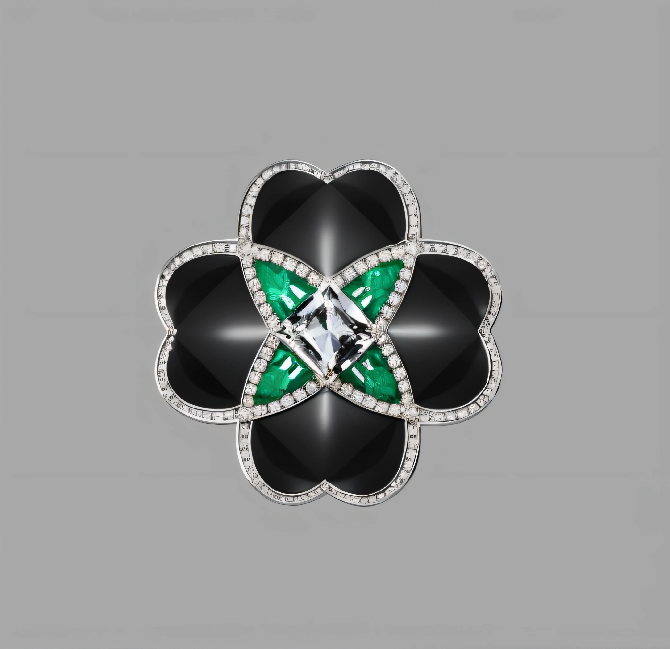 Close-up of brooch with diamond flower design, a jewellery design, black and green scheme, bvlgari jewelry, Renders, van cleef & arpels style, emerald jewelry, depicted as a 3 d render, jewel, Inspired by Bella Apati Abcarovich, arte renderizada, ornate gem in pommel, bvlgari