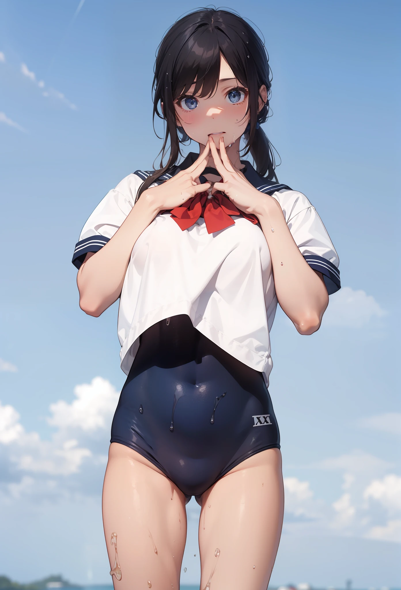 ((top-quality))、((​masterpiece))、1girl in、Formal-up、beautiful detailed eyes and face、pretty skin、a very cute、22year old、School swim wear(darkblue、Simple design、Matte texture、Wet、Wrinkle、Polyester material、A black、shadings、)Wet body、Anime Face、Beautie、Facing the front、big eye(Beautiful fece、Anime Face、Clear eyes、Fine details、Beautiful eyes)Well-formed face(Beautiful nasal muscles、Perplexed、sharp mouth)full of sweat、sodden、Wet feeling、Background with(sunny sky、takeout)、8K picture quality、perfectly proportions、A slender、red blush、female focus on, hair adornments,length hair, Look at viewers,Pee、