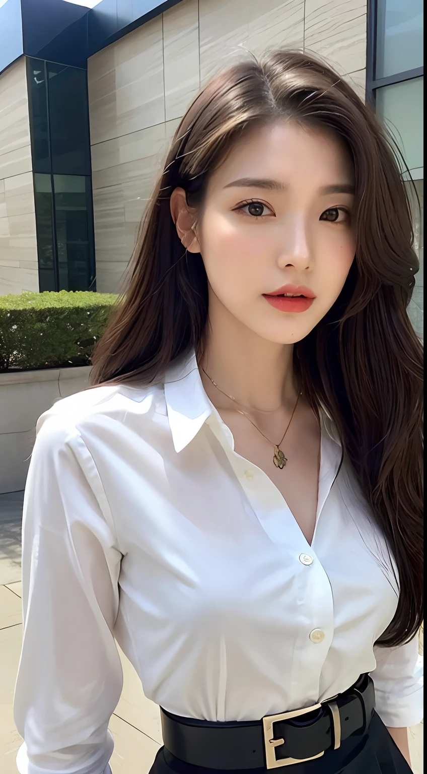 (top quality, high resolution, masterpiece: 1.3), tall and pretty woman, slender abs, dark brown hair styled with loose waves, chest, wearing pendant, white button-up shirt, belt, black skirt, (modern architecture in background), exquisitely rendered details on face and skin texture, detailed eyes, double eyelids, no bra, shirt fitted to bare skin, from above