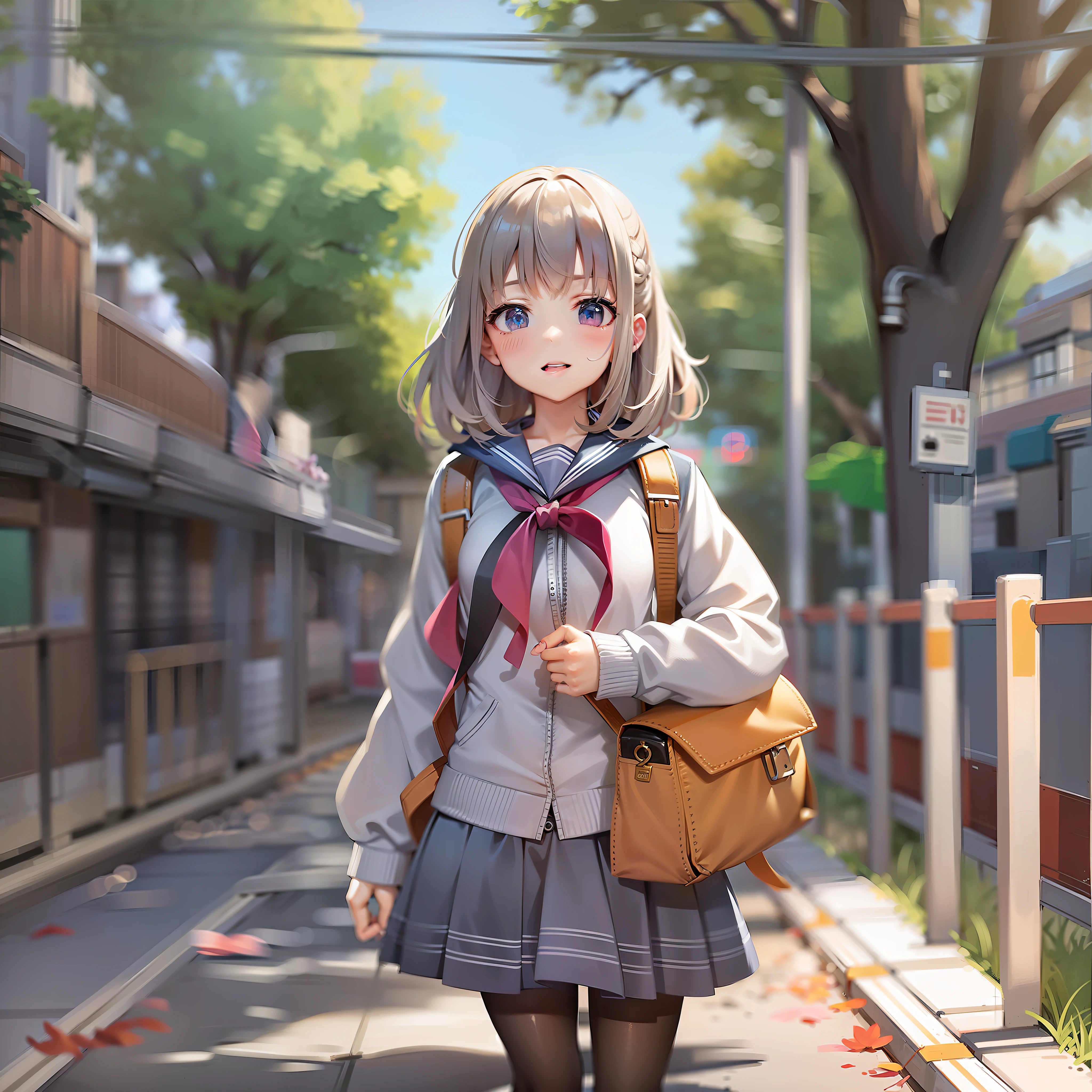 Anime style cute girl wearing JK costume on the way from school