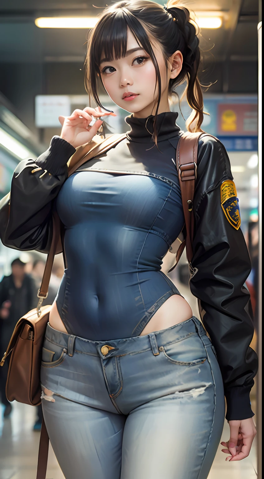 denim pant,subway station,(Inspired by the Avengers),pony tails,One-piece unisex trousers,machine girl,Security level,big assa,(8K,photo RAW,Fotorrealista:1,25),(Excessive lip gloss,Very many eyelashes,best qualityer,超高分辨率,depth of fields,color difference,Wide light,natural color,Distant pictures(1:2)