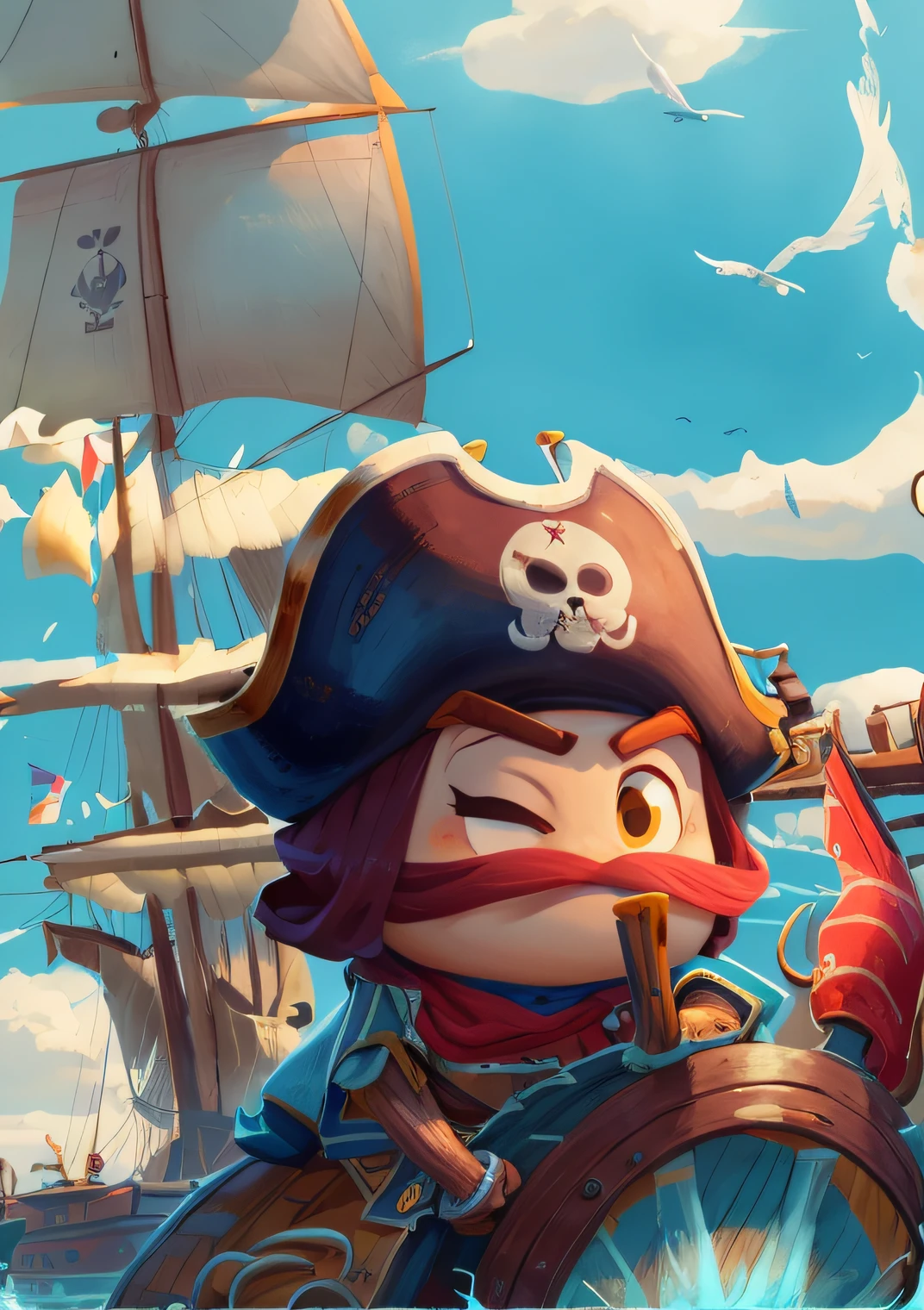 pirate ships,a pirate,,with blue sky and white clouds,Have fun