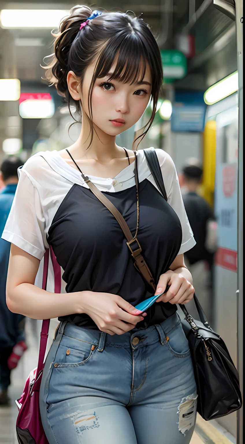 denim pant,subway station,(Inspired by the Avengers),pony tails,One-piece unisex trousers,machine girl,Security level,big assa,(8K,photo RAW,Fotorrealista:1,25),(Excessive lip gloss,Very many eyelashes,best qualityer,超高分辨率,depth of fields,color difference,Wide light,natural color,Distant pictures(1:2)