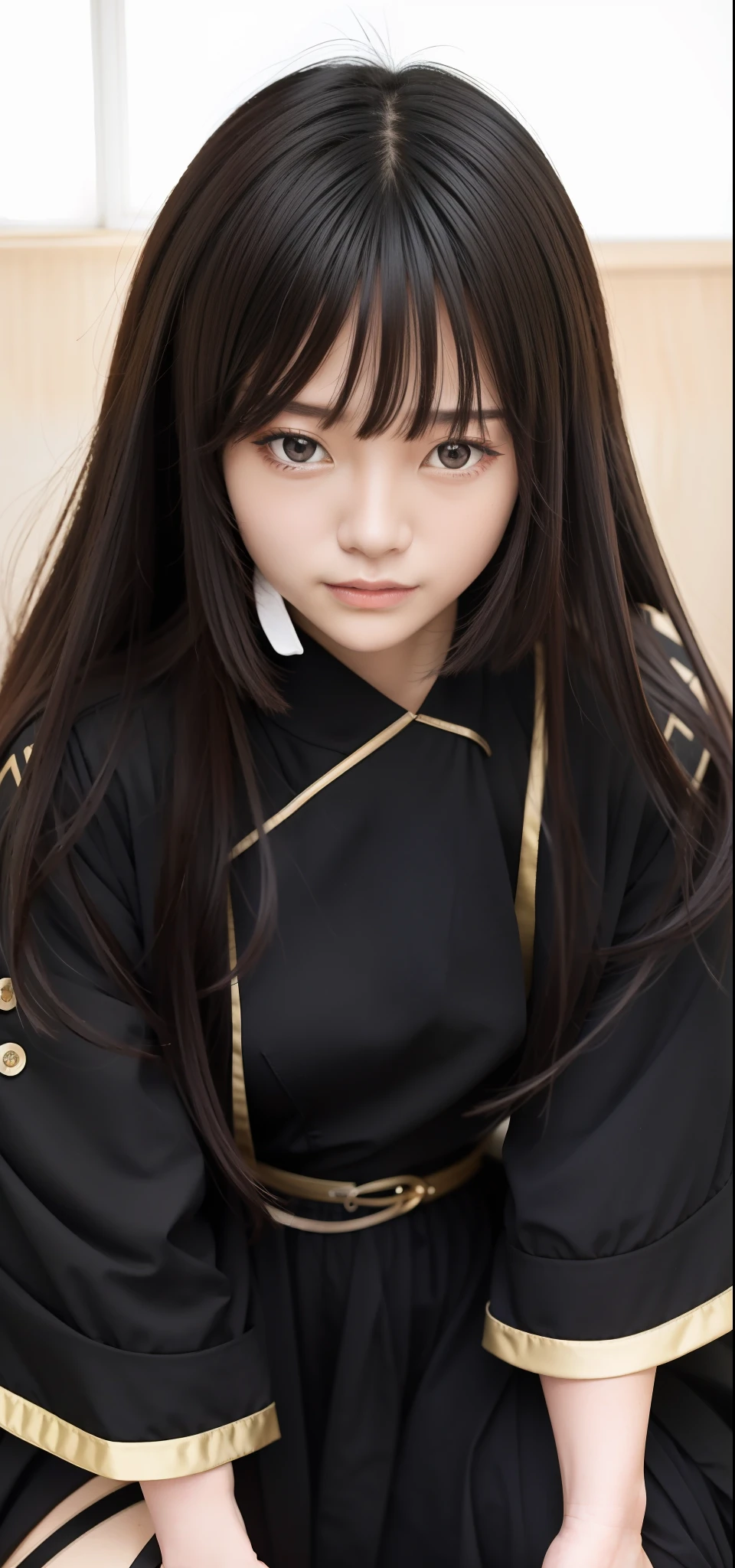 a close up of a person with long hair wearing a black jacket, shuushuu image, portrait of shiina ringo, by Jin Homura, inspired by Jin Homura, heise jinyao, moe artstyle, black hime cut hair, girl wearing a black dress, visual of a cute girl, realistic, ultra detail