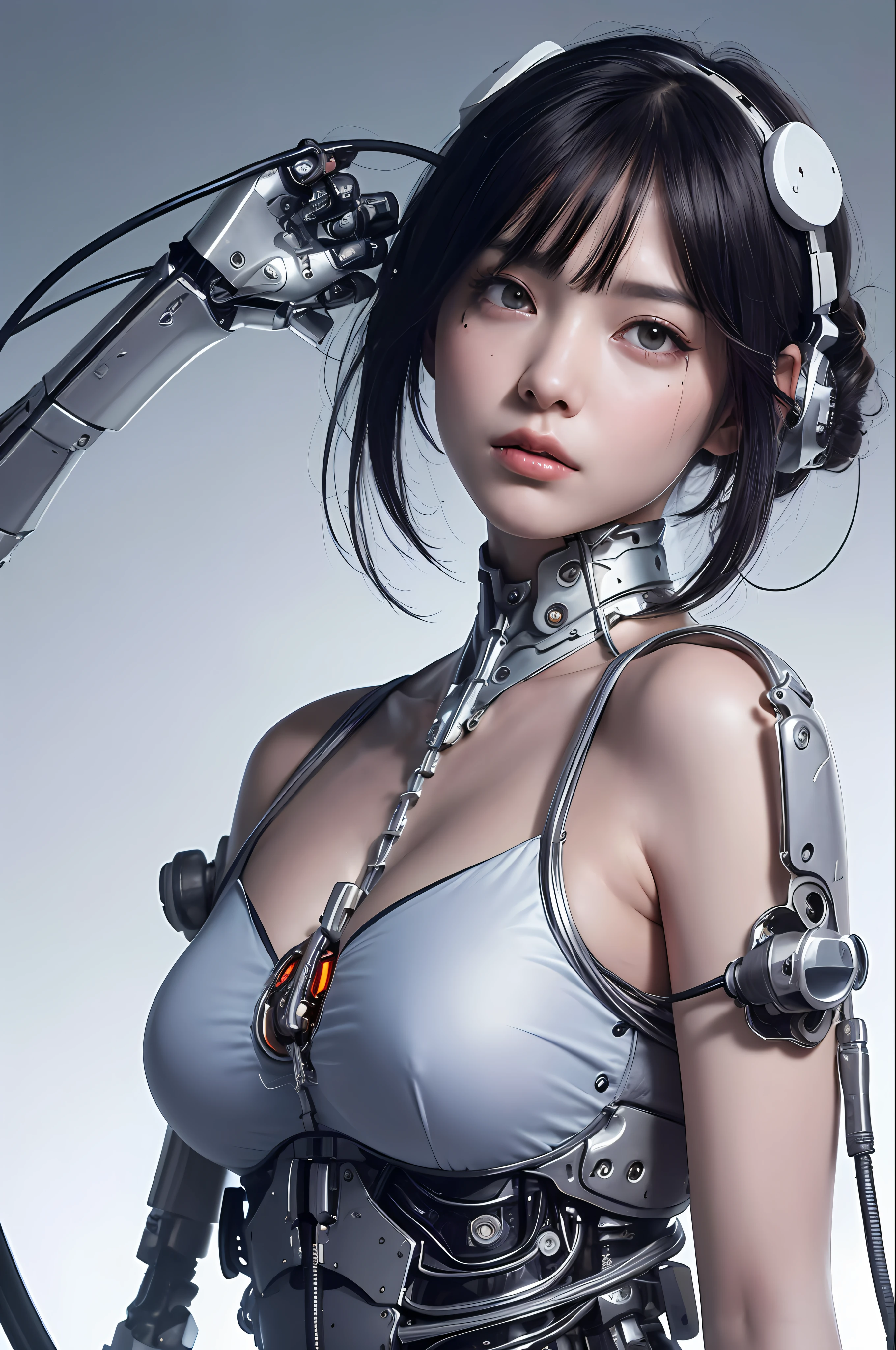 ((​masterpiece))), (((Top image quality))), ((ultra-detailliert)), (High Definition Computer Illustration), ((extremely delicate and beautiful)),(from side),Cinematic light, ((1 Machine Girl)), 独奏, full bodyesbian, (Mechanical joints: 1.2), ((Mechanical limbs)), (blood vessels connected to tubes), (Mechanical vertebrae attached to the back), ((Mechanical cervical neck attached)),(Close the camera),deadpan,(Wires and cables attached to the neck:1.2),(wires and cables on the head:1.2)(charactor focus)、((SF))、ighly detailed、As detailed as possible、1girl in、(13years)、(Black short hair)、a purple eye、(((White lighting)))、(White cable:1.4)、(((mirai)))、((cyborgs))、A futuristic、huge tit、The cleavage is visible、