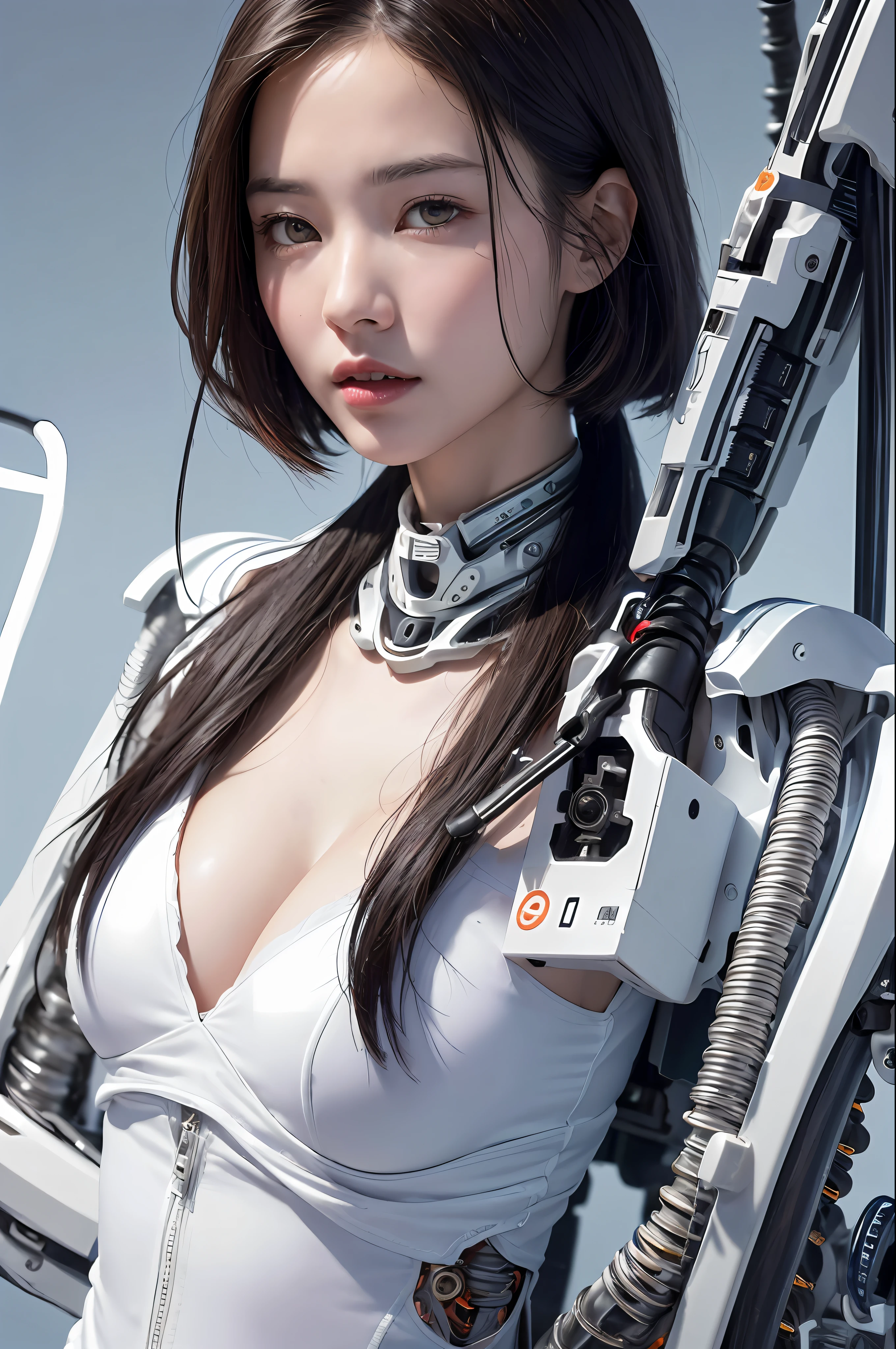 ((masterpiece))), (((Top image quality))), ((ultra-detailliert)), (High Definition Computer Illustration), ((extremely delicate and beautiful)),(from side),Cinematic light, ((1 Machine Girl)), 独奏, full bodyesbian, (Mechanical joints: 1.2), ((Mechanical limbs)), (blood vessels connected to tubes), (Mechanical vertebrae attached to the back), ((Mechanical cervical neck attached)),(Close the camera),deadpan,(Wires and cables attached to the neck:1.2),(wires and cables on the head:1.2)(charactor focus)、((SF))、ighly detailed、As detailed as possible、1girl in、(13years)、(Black short hair)、a purple eye、(((White lighting)))、(White cable:1.4)、(((mirai)))、((cyborgs))、A futuristic、huge tit、The cleavage is visible、