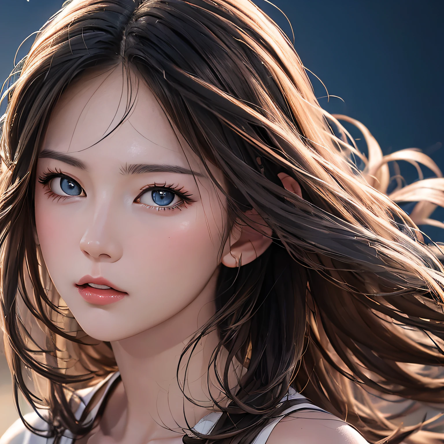 (8K, RAW Photos, of the highest quality, Masterpieces: 1.2), (Realistic, Photorealistic: 1.37), Highest Quality, Ultra High Resolution, light leaks, Dynamic lighting, Slim and smooth skin, (Full body:1.3), (Soft Saturation: 1.6), (Fair skin: 1.2), (Glossy skin: 1.1), Oiled skin, 22 years old, Night, shiny white blonde, Well-formed, Hair fluttering in the wind, Close-up shot of face only, Physically Based Rendering, From multiple angles, appearance々Facial expressions