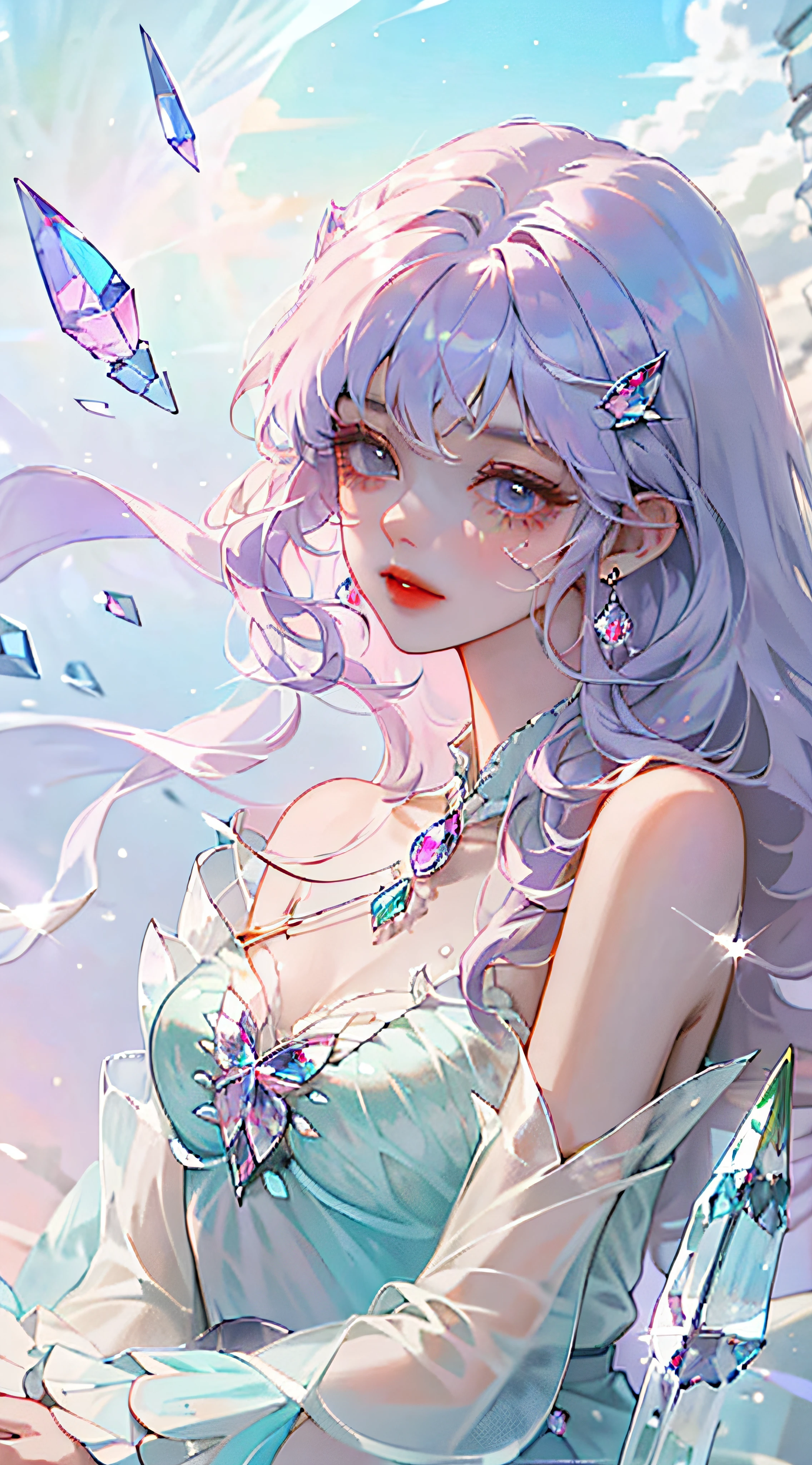 (((crystals texture Hair))),{{{{{extremely detailed CG}}}}},{{8k_wallpaper}},{{{{Crystalline purple gemstone gloves}}}},((beautiful detailed Glass hair)),((Glass shaped texture hand)),((Crystallize texture body)),Gem body,Hands as clear as jewels,Crystallization of clothes,((crystals texture skin)),sparkle, lens flare, light leaks, Broken glass,{{{{Detailed Glass shaped clothes}}}}, ((masterpiece)), (((best quality))), ((ultra-detailed)), ((illustration)), ((disheveled hair)), ((frills)), (1 girl), (solo), dynamic angle, big top sleeves, floating, beautiful detailed gemstone sky, gemstone sea, beautiful detailed eyes, overexposure, side blunt bangs, hairs between eyes, ribbons, bowties, buttons, bare shoulders, (((small breast))), pleated skirt, crystals texture flowers, ((Detailed crystallized clothing)),(gemstone of body),solo focus --auto