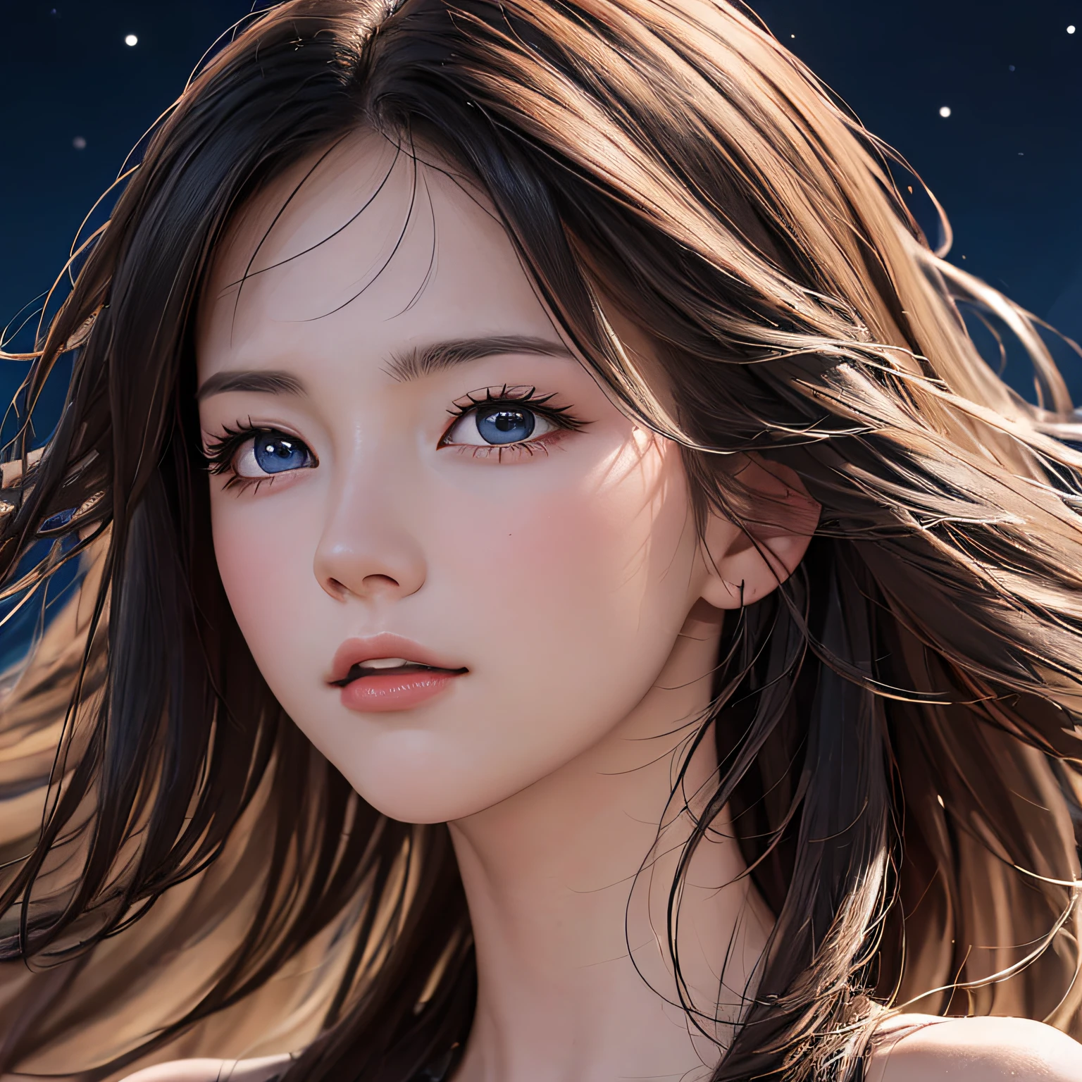 (8K, RAW Photos, of the highest quality, Masterpieces: 1.2), (Realistic, Photorealistic: 1.37), Highest Quality, Ultra High Resolution, light leaks, Dynamic lighting, Slim and smooth skin, (Full body:1.3), (Soft Saturation: 1.6), (Fair skin: 1.2), (Glossy skin: 1.1), Oiled skin, 22 years old, Night, shiny white blonde, Well-formed, Hair fluttering in the wind, Close-up shot of face only, Physically Based Rendering, From multiple angles, appearance々Facial expressions