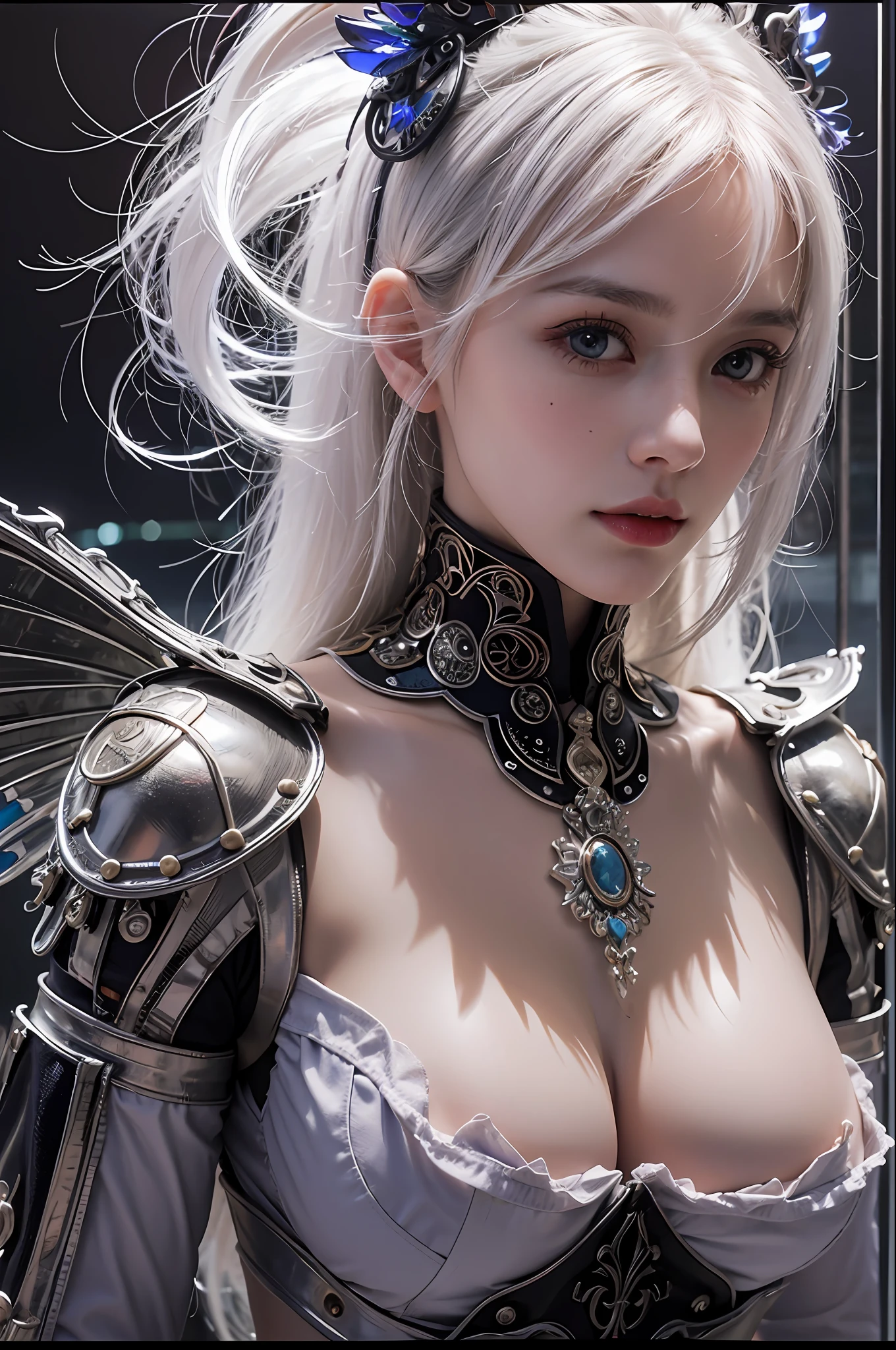 top-quality、masterpiece、超A high resolution、(Photorealsitic:1.4)、Raw photo、Mechanical Angel、large wings made of metal、White porcelain body、white hair、glowy skin、1 Mechanical Girl、((super realistic details))、portlate、globalillumination、Shadow、octan render、8K、ultrasharp、character edge light,Colossal tits、Raw skin is exposed in cleavage、Details of complex ornaments、Hydraulic cylinder、highly intricate detail、Realistic light、a purple eye、radiant eyes、Facing the camera、neon details、cowboy shot、Futuristic headgear、Sumerian details、Small LED lamp、
