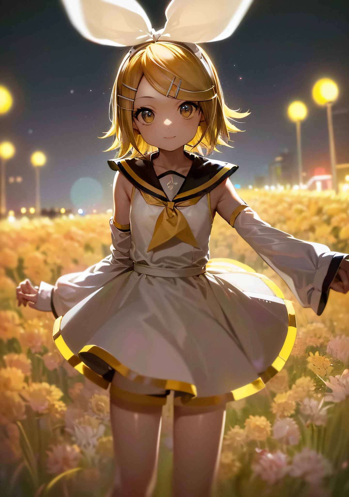 1chica, solo, absurdres,(((Kagamine rin))), mejor calidad, (sonrisa petulante: 1.2), cabello blanco, ojos azules, vestido sin mangas, adorno para el cabello, vestido negro, corto, cola de caballo lateral, cabello largo, aire libre, noche, noche, ciudad, estrellas, estrellado cielo, smal boobs, pecho plano, guantes blancos, medias blancas, (manos en las caderas: 1,2), (retrato, de frente, POV, mirando al espectador, parte superior del cuerpo: 1,3)