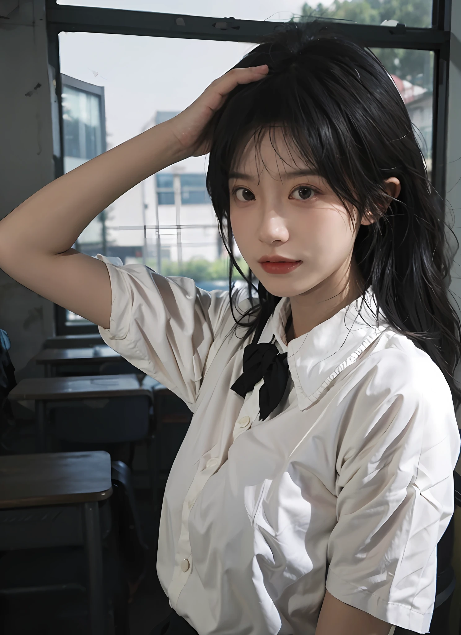 best qualtiy,tmasterpiece,超高分辨率,(realisticlying:1.4),1girll,Raised sexy,A pair of beautiful and moving eyes look at the audience,Sunshine classroom,(Shirts and bow ties in random colors:1.2),(Bigchest:1.4),(The upper part of the body:1.4)