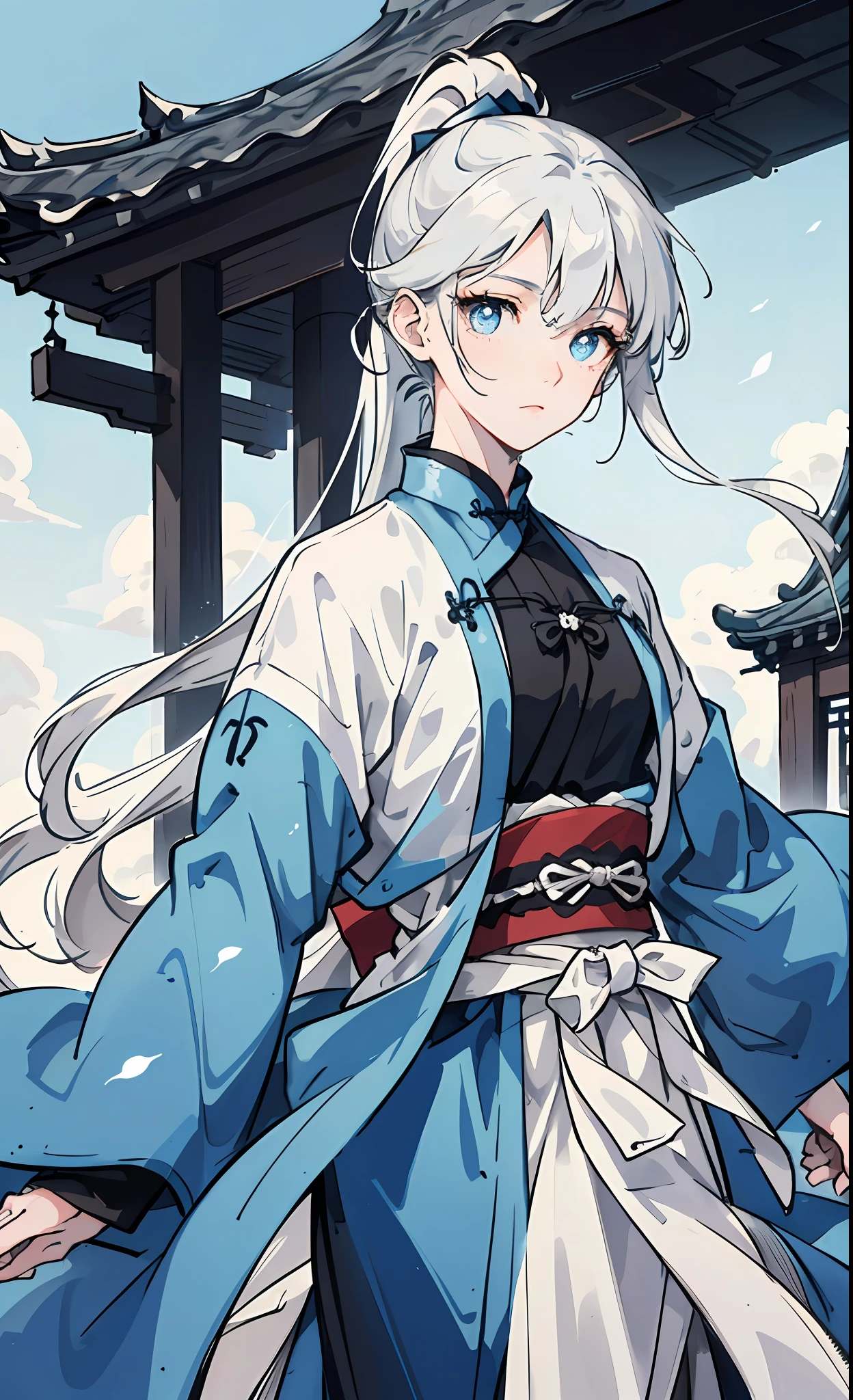 Gentle boy ,blue color eyes,Silvery-white hair color,High ponytail,Floating hair,Delicate and agile eyes,Black and white Hanfu,Frontal portrait shot,tmasterpiece,Ancient Chinese architecture,blue-sky,Like girls。