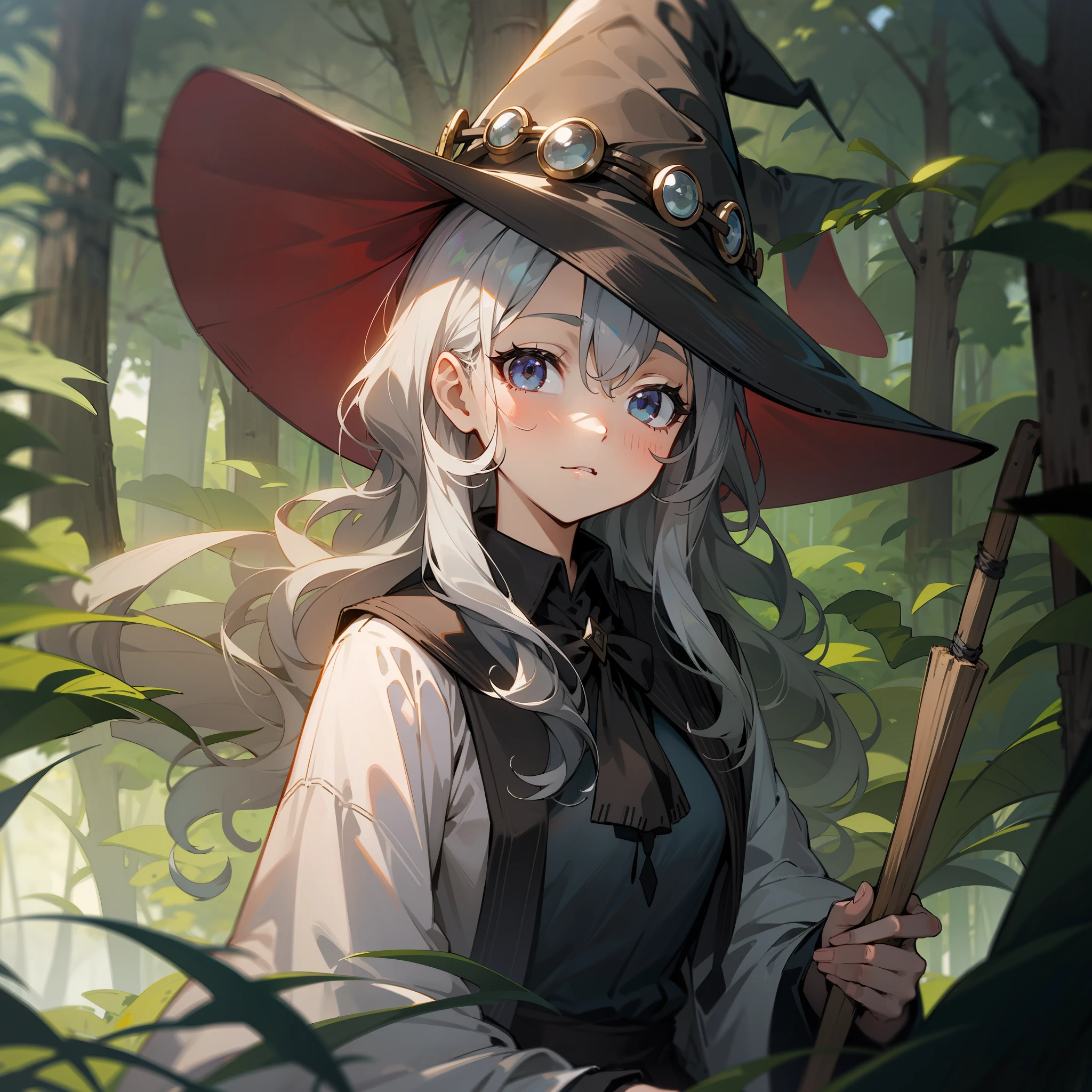 the witch、Silver wavy hair、Being in the forest、Witch Hat、broom、natta