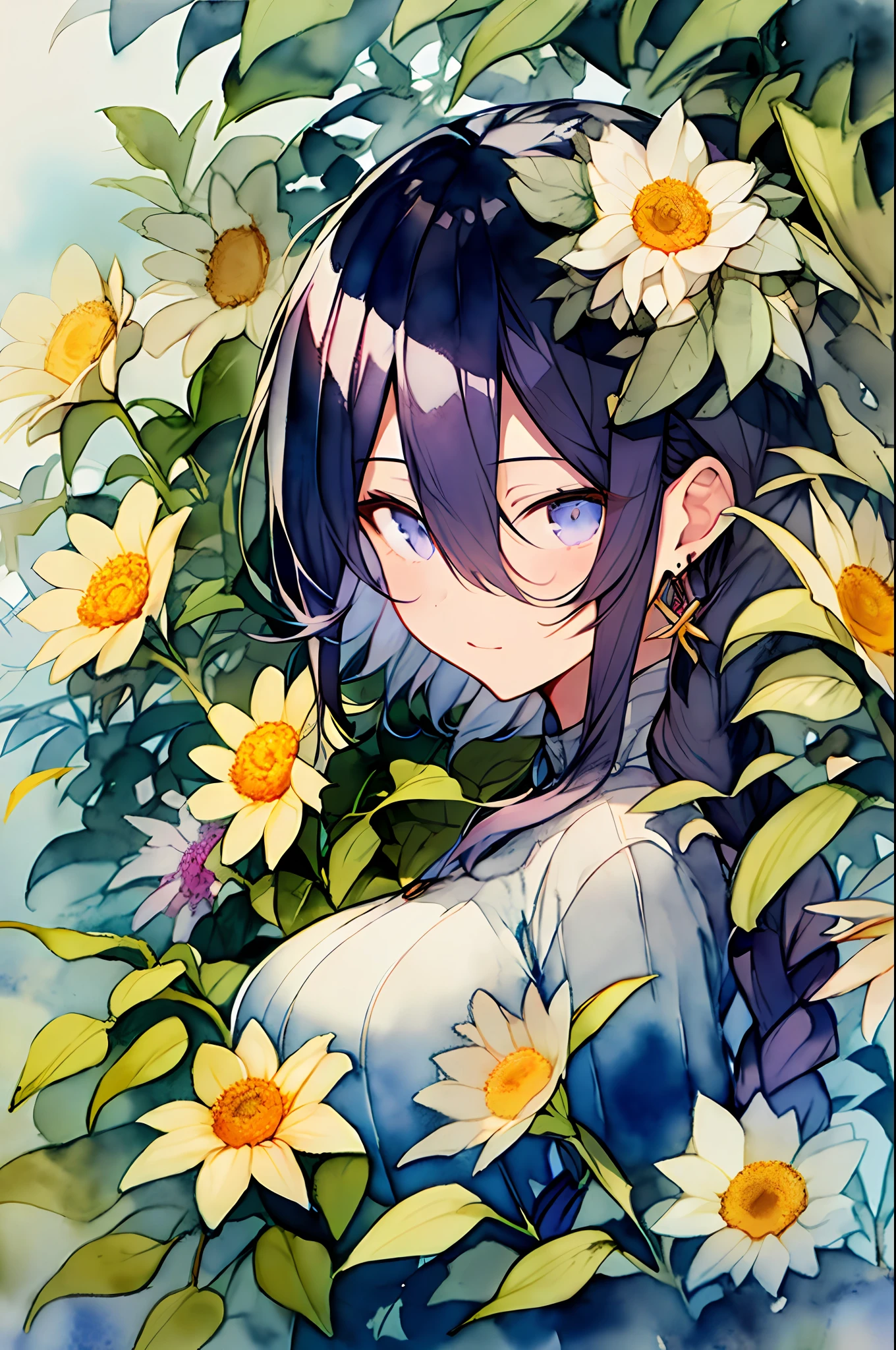 (watercolor:1.2),1girl, solo, flower, himawari, sportrait, foliage, By bangs, signatures, yellowflower, Purple hair , long whitr hair, purple-eyed, Hair between both eyes, Flower earrings,Twist braids,long whitr hair,Raiden general