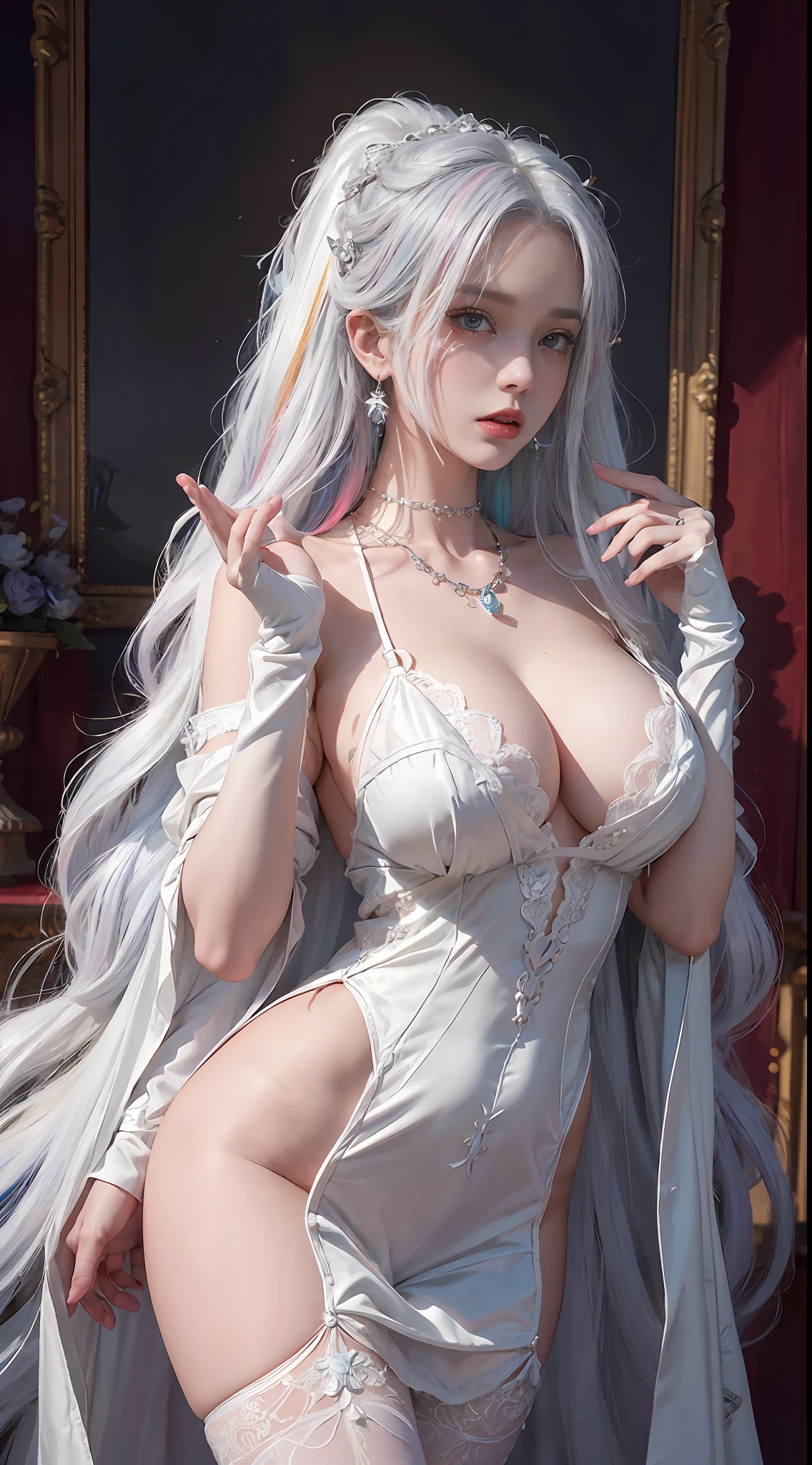 (((multicolored hair, [White hair]))), ultra realistic 8k cg, Picture-perfect face, Flawless, Clean, Masterpiece, Professional artwork, Famous artwork, Cinematic lighting, Cinematic bloom, Perfect face,(Young:1.2),((20yr old)), Beautiful face, Beautiful eyes, (((Perfect female body, Narrow waist))), Young princess, royal, Divine, Goddess, divino, (Royal Palace), fantasy, Dreamlike, unreal, Science fiction, (Normal breasts:1.2), ta Costume Outfit，Beautiful clothes, Lace, Lace trim, lace-trimmed legwear, NSFW,, Absurdly long hair, Very long hair, (Rich:1.4), necklace, Earrings, Bracelet, armlets, view the viewer,(thongs:1), (Hands have up to five fingers), (Redlip)