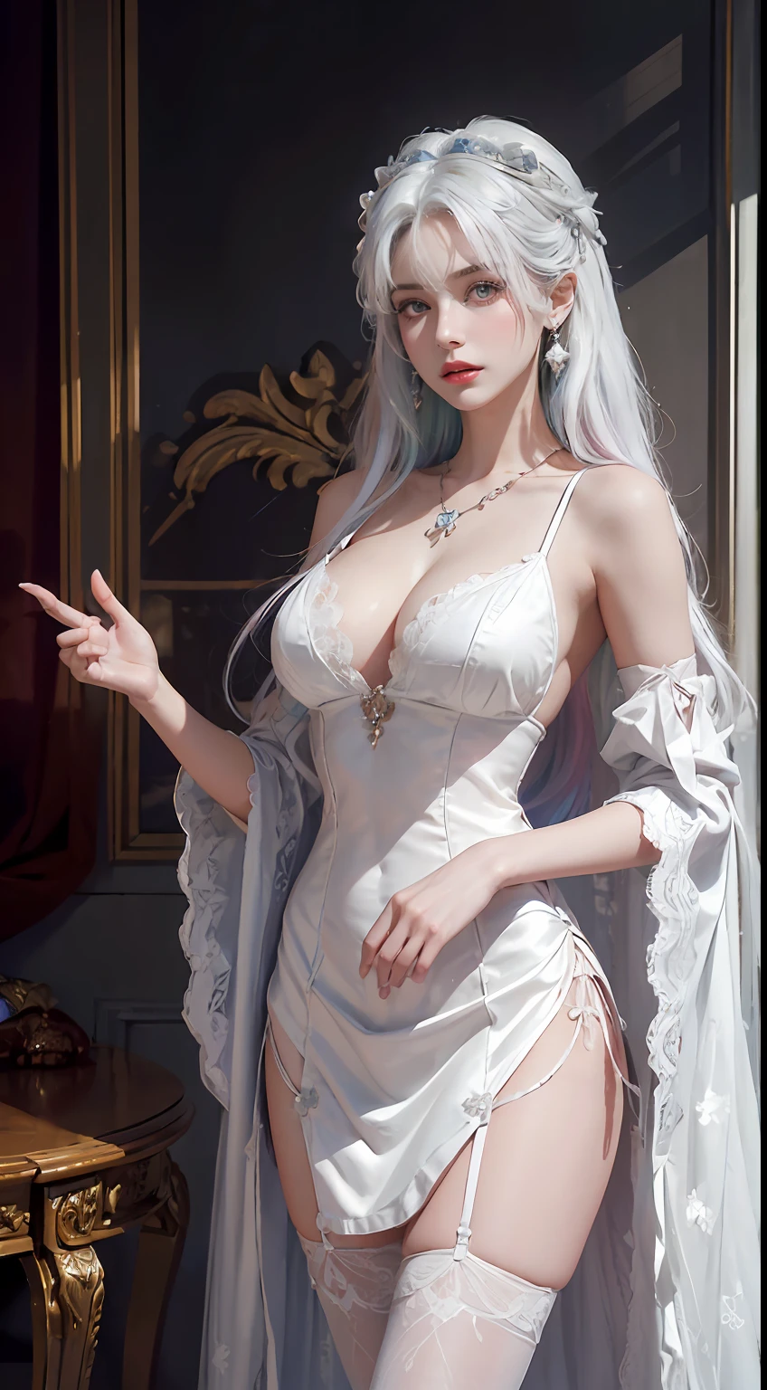 (((multicolored hair, [White hair]))), ultra realistic 8k cg, Picture-perfect face, Flawless, Clean, Masterpiece, Professional artwork, Famous artwork, Cinematic lighting, Cinematic bloom, Perfect face,(Young:1.2),((20yr old)), Beautiful face, Beautiful eyes, (((Perfect female body, Narrow waist))), Young princess, royal, Divine, Goddess, divino, (Royal Palace), fantasy, Dreamlike, unreal, Science fiction, (Normal breasts:1.2), Lolita costume，Beautiful clothes, Lace, Lace trim, lace-trimmed legwear, NSFW,, Absurdly long hair, Very long hair, (Rich:1.4), necklace, Earrings, Bracelet, armlets, view the viewer,(thongs:1), (Hands have up to five fingers), (Redlip)