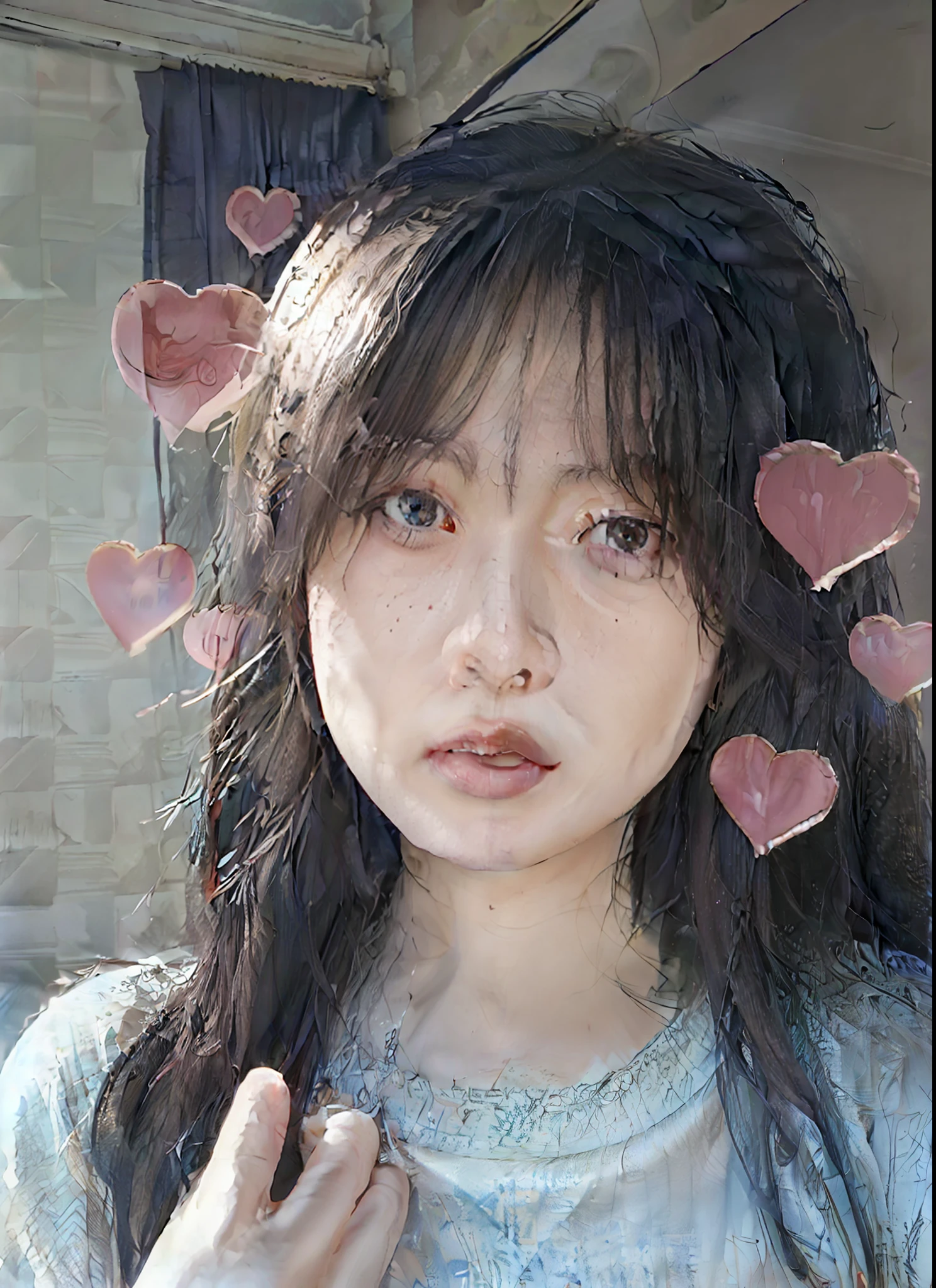 There is a woman with long hair,The heart flutters over the head, small heart - shaped face, ulzzangs, full heart - shaped face, young lovely Korean faces, wan adorable korean face, Heart-shaped face, heart - shaped face, heart - shaped face, with cute - fine - face, Korean girl, Korean face features, Guviz, with round face