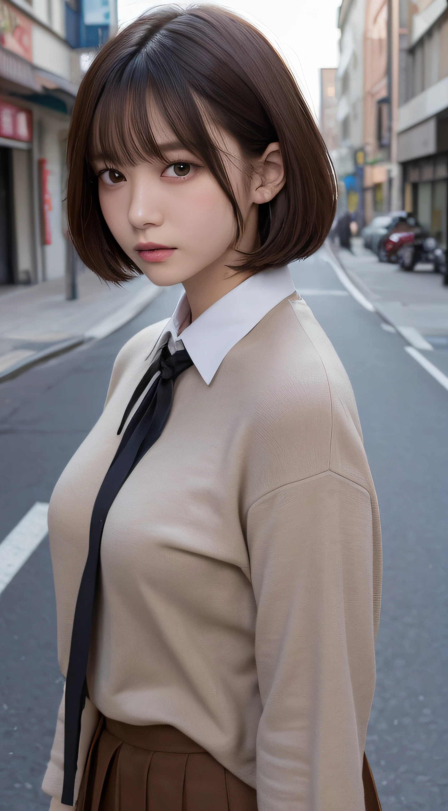 ((top-quality、8K、​masterpiece：1.3))、sixteen years old、student clothes、校服、Short pleated skirt、short-hair、Crisp focus：1.2、Beautiful Women in Perfect Style：1.4、Slender Abs：1.2、((dark brown hair、Colossal tits：1.2))、(White button-up long shirt:1.1)、Street:1.2、Highly detailed facial and skin texture、A detailed eye、二重まぶた、full bodyesbian