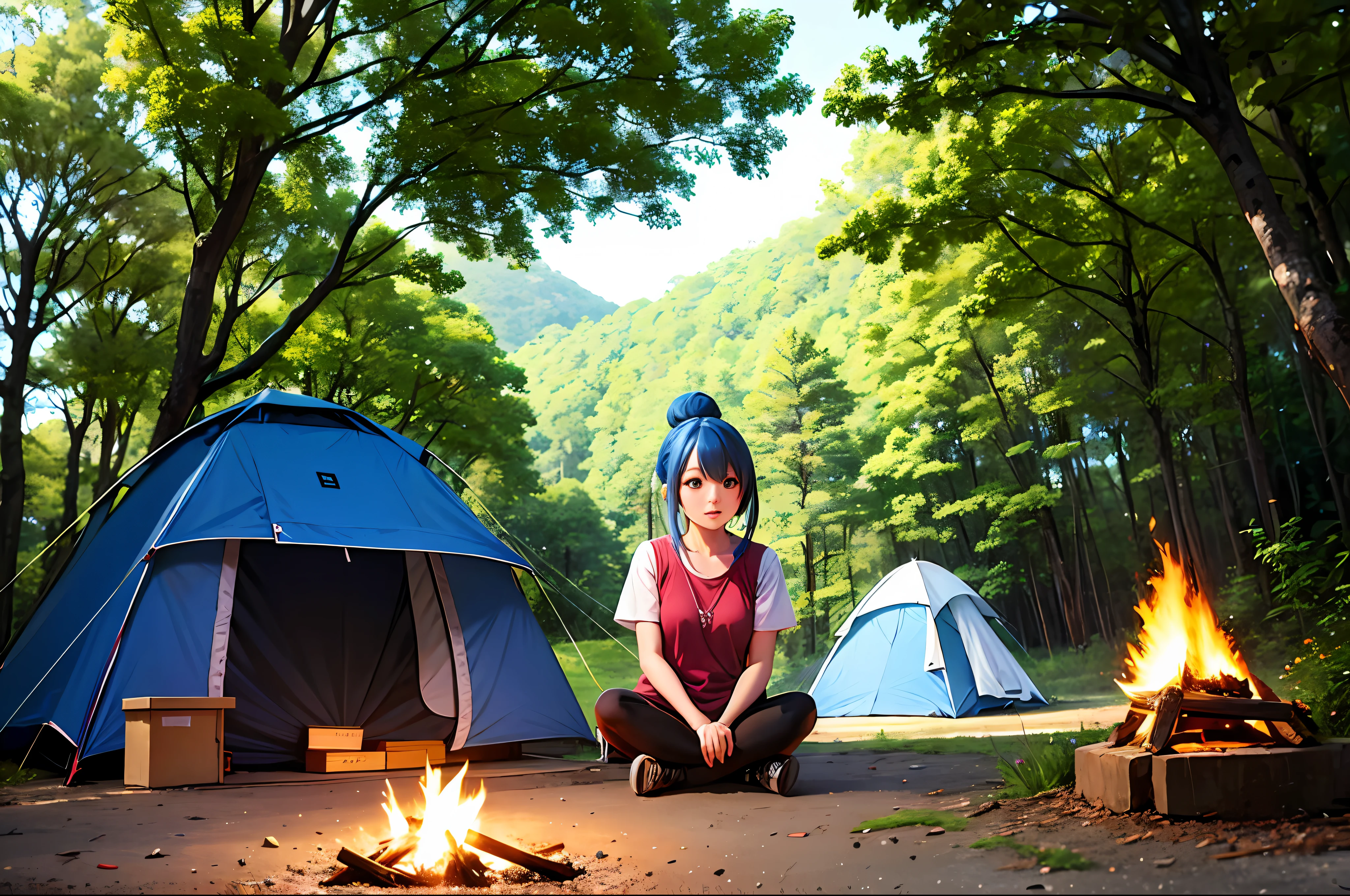 Rin Shima, 1girll, Blue hair, hair-bun, Sitting, camping, Outdoors, woods, campfires,, anirl, Best quality, 超高分辨率,