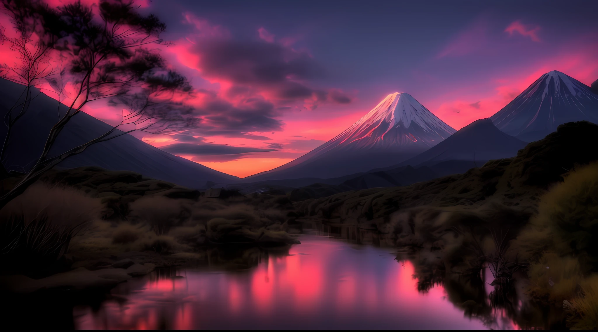 Mountains and trees are reflected in a river at sunset, Mount of Doom, an amazing landscape image, new zealand, paisagem deslumbrante, volcano landscape, breathtaking landscape, japan nature, Monte Fuji, paisagem lindamente iluminada, volcano setting, Mt. Fuji, Mystical setting, amazing landscape, trending on 5 0 0 px, trending on 500px, Refletindo o Monte Fuji