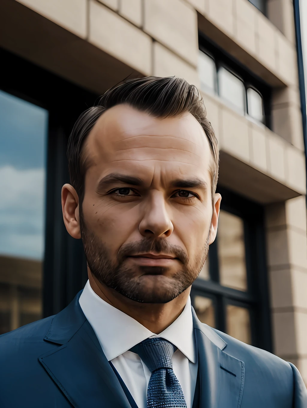 tmasterpiece, High-quality photo of a man in a suit and tie, standing in front of the building, photo by James Baines,High facial detail, A detailed eye, An open look, close - up, Detailed leather, Popular on Pexels, trending on ArtStation, A new objectivity, Stock Photo, The Sabatier Effect.