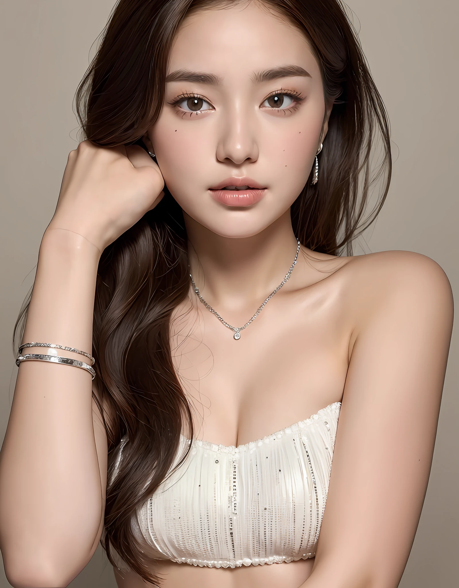Bust up of pretty brunette, rosy cheeks, wearing white halter top, silver bracelets on arm. (8K, Best Quality : 1.2), (Masterpiece, Photorealistic : 1.3), Super Detail