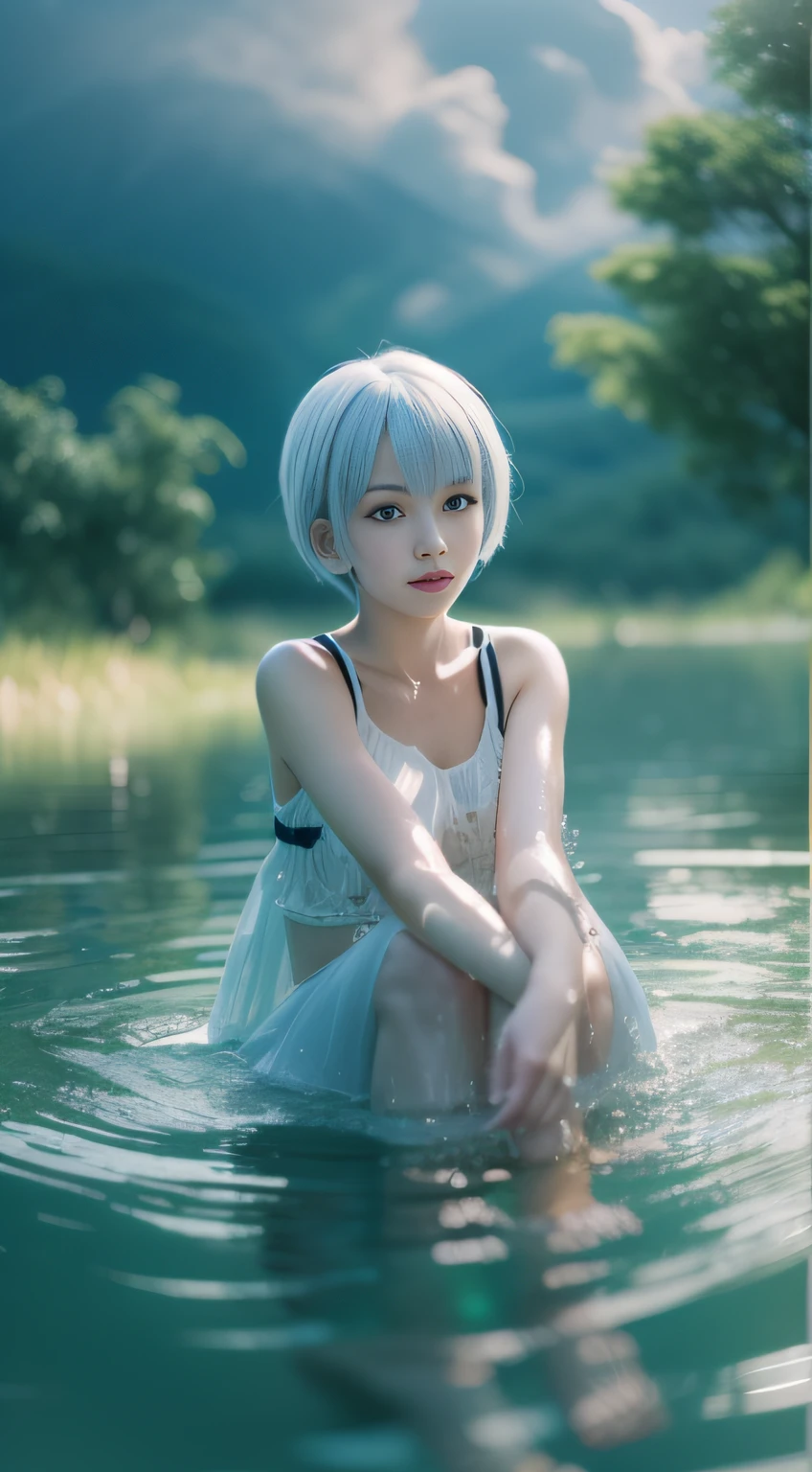 Rei Ayanami, (Face the camera directly), (Immerse in water to ankle depth,), Realistic beautiful girl full body portrait, 13 years old, Fantastic face, In a sitting position, playing in the water, 8k resolution concept art portrait, Midsummer sky and Japan countryside, 3D Shading, Cinematic, elegant organic framing, Reallife Human,