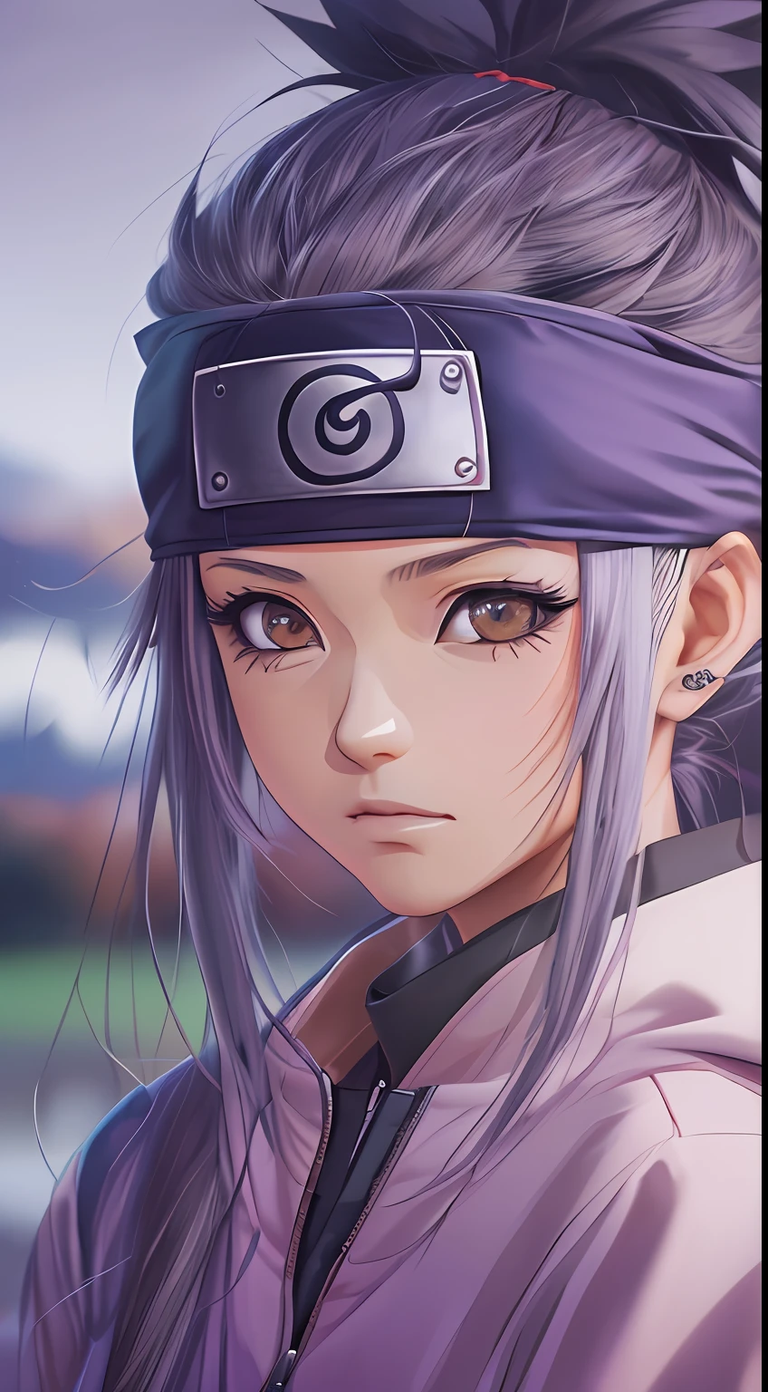 masterpiece, absurdness, 1girl with hazel eyes, (((Ino Yamanaka))), ((Naruto Shippuden)), solo, wearing purple jacket, headband with the ((symbol from the Hidden Leaf Village)), looking at viewer, floating hair, anime style 4 k, realistic anime art style, anime style. 8k, beautiful anime girl