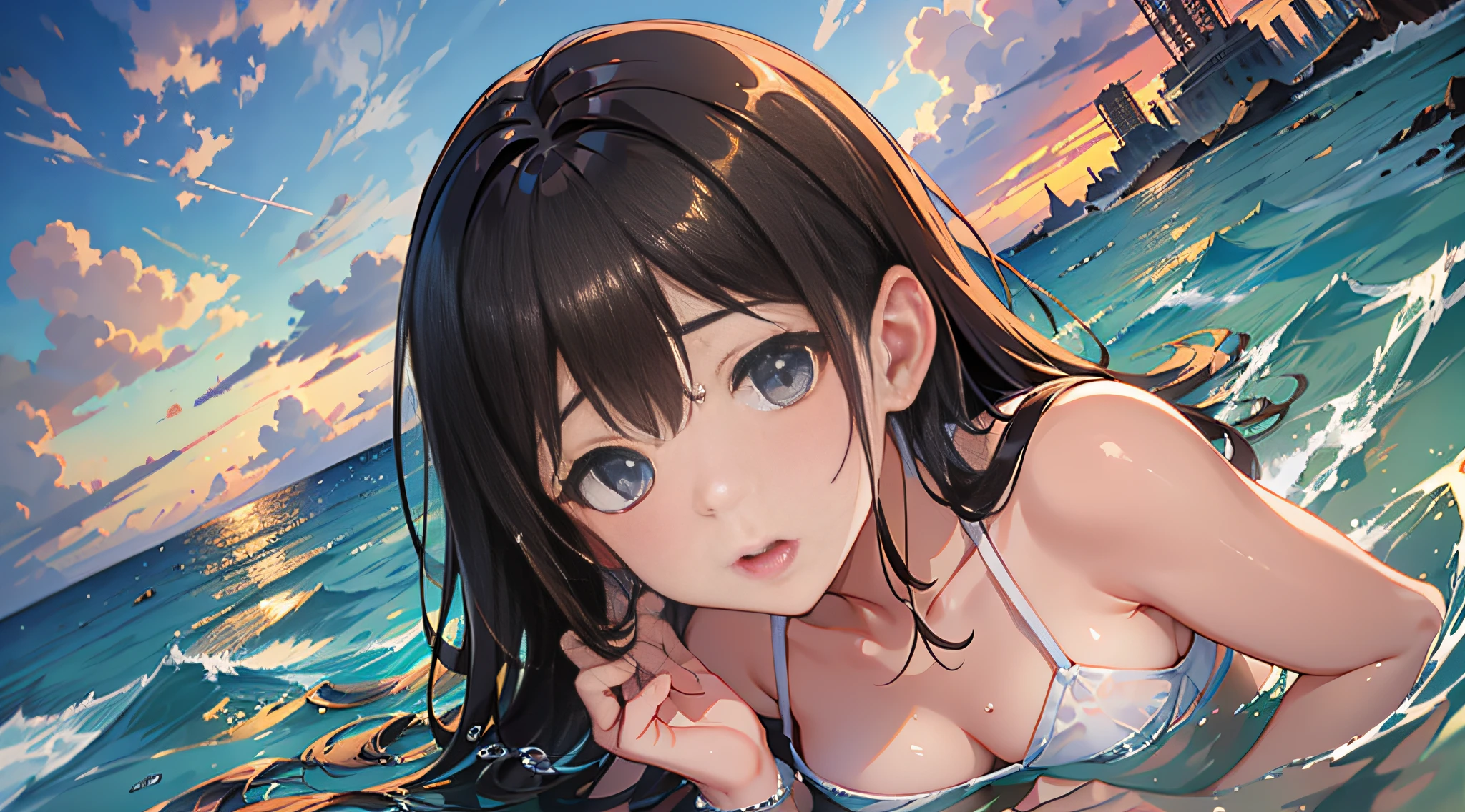 (8K、Raw photography、top-quality、masterpiece:1.2)、Illustration Touch、ultra-detailliert、超A high resolution、(wide-angle lens)、1 fair-skinned girl、dark brown hair、Dark blue eyes、White sandy beach、Sunset、a white bikini
