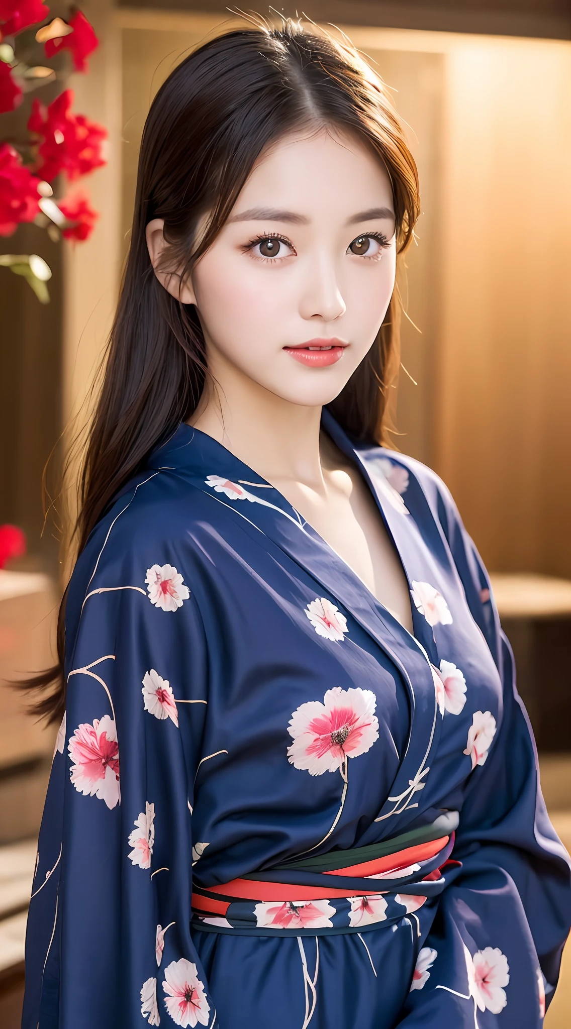 ((​masterpiece、top-quality、ultra-definition、hight resolution))、独奏、a beauty girl、radiant eyes、perfect  eyes、Japan's beautiful sister、Yukata with red floral pattern、The background is a night view