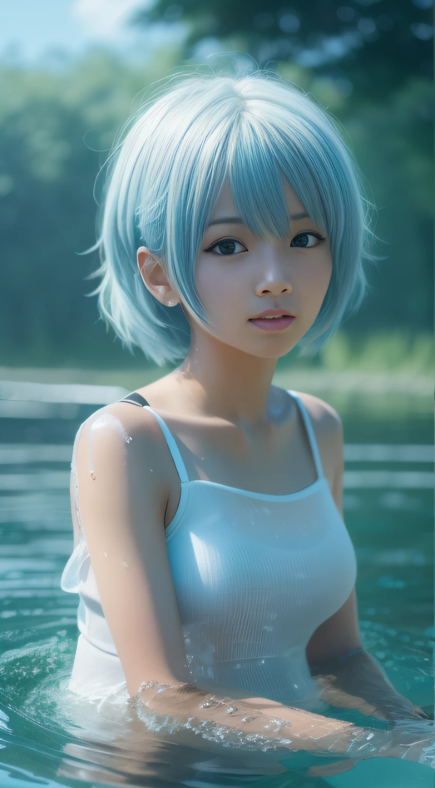 Rei Ayanami, (Face the camera directly), (Immerse in water to ankle depth,), Realistic beautiful girl full body portrait, 13 years old, Fantastic face, In a sitting position, playing in the water, 8k resolution concept art portrait, Midsummer sky and Japan countryside, 3D Shading, Cinematic, elegant organic framing, Reallife Human,