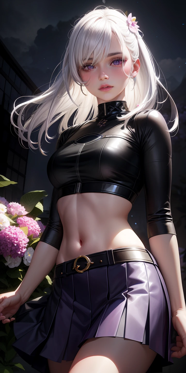 realistic, 1girl, white hair, purple eyes, glowing eyes, crop top, skirt, parted lips, blush, night, flowers, sun, sunlight,