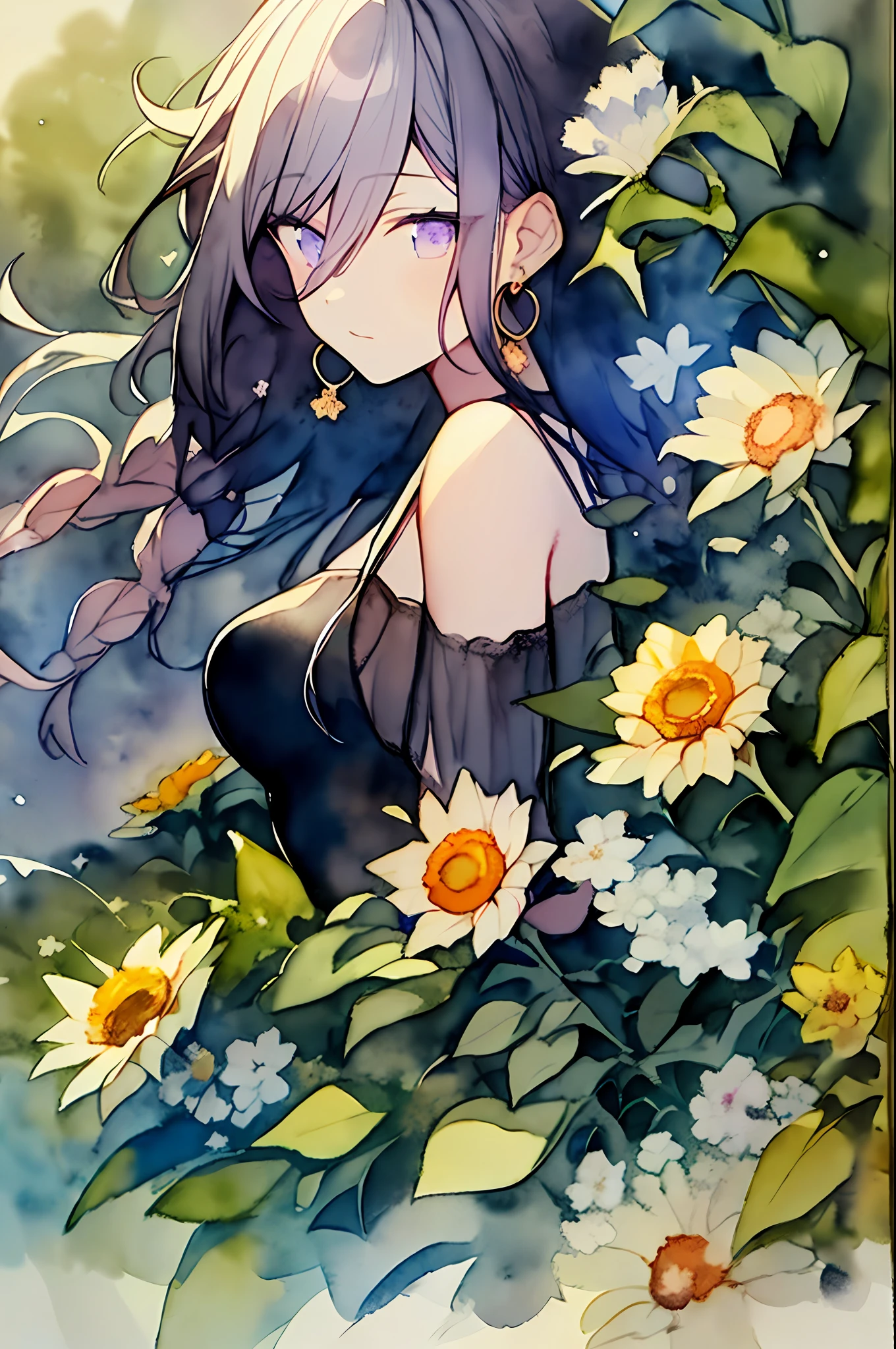 (watercolor:1.2),1girl, solo, flower, himawari, sportrait, foliage, By bangs, signatures, yellowflower, Purple hair big breasts, long whitr hair, purple-eyed, Hair between both eyes, Flower earrings,Twist braids,long whitr hair,Raiden general