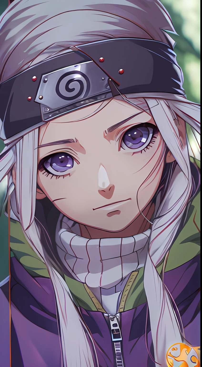 masterpiece, absurdness, 1girl with hazel eyes, (((Ino Yamanaka))), ((Naruto Shippuden)), solo, wearing purple jacket, headband with the ((symbol from the Hidden Leaf Village)), looking at viewer, floating hair, anime style 4 k, realistic anime art style, anime style. 8k, beautiful anime girl