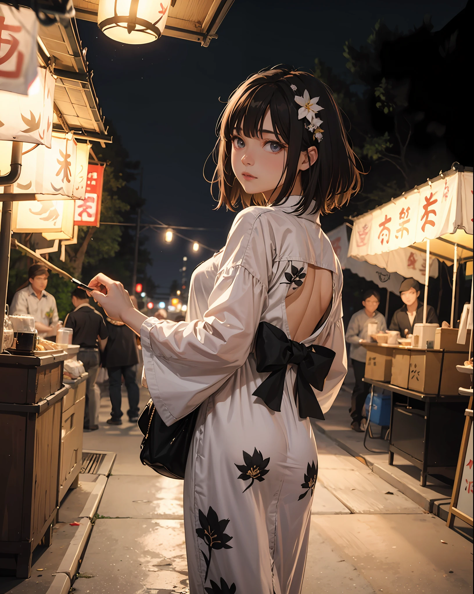 masterpiece, best quality, ultra-detailed, illustration, omatsuri, food stand, 1girl, beautiful eyes, looking at viewer, from behind, cowboy shot, looking back, yukata, tree, outdoors,road, walking, crowd, night, lantern, festival, food, pavement, crosswalk, paper lantern, lamppost, brown hair, night sky,