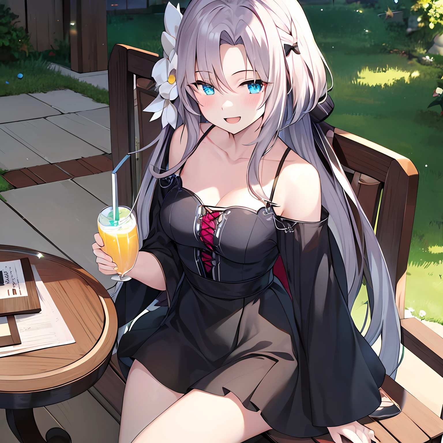 Anime characters have drinks、Sitting around the table for a painting session, 1girl in, Solo, Looking at Viewer, Smile, Sitting, Blue eyes, Long hair, cup, Open mouth, Skirt, breasts, Bangs, Holding, Black hair, bow ribbon, Shirt, Outdoors, The table, Chair, blush