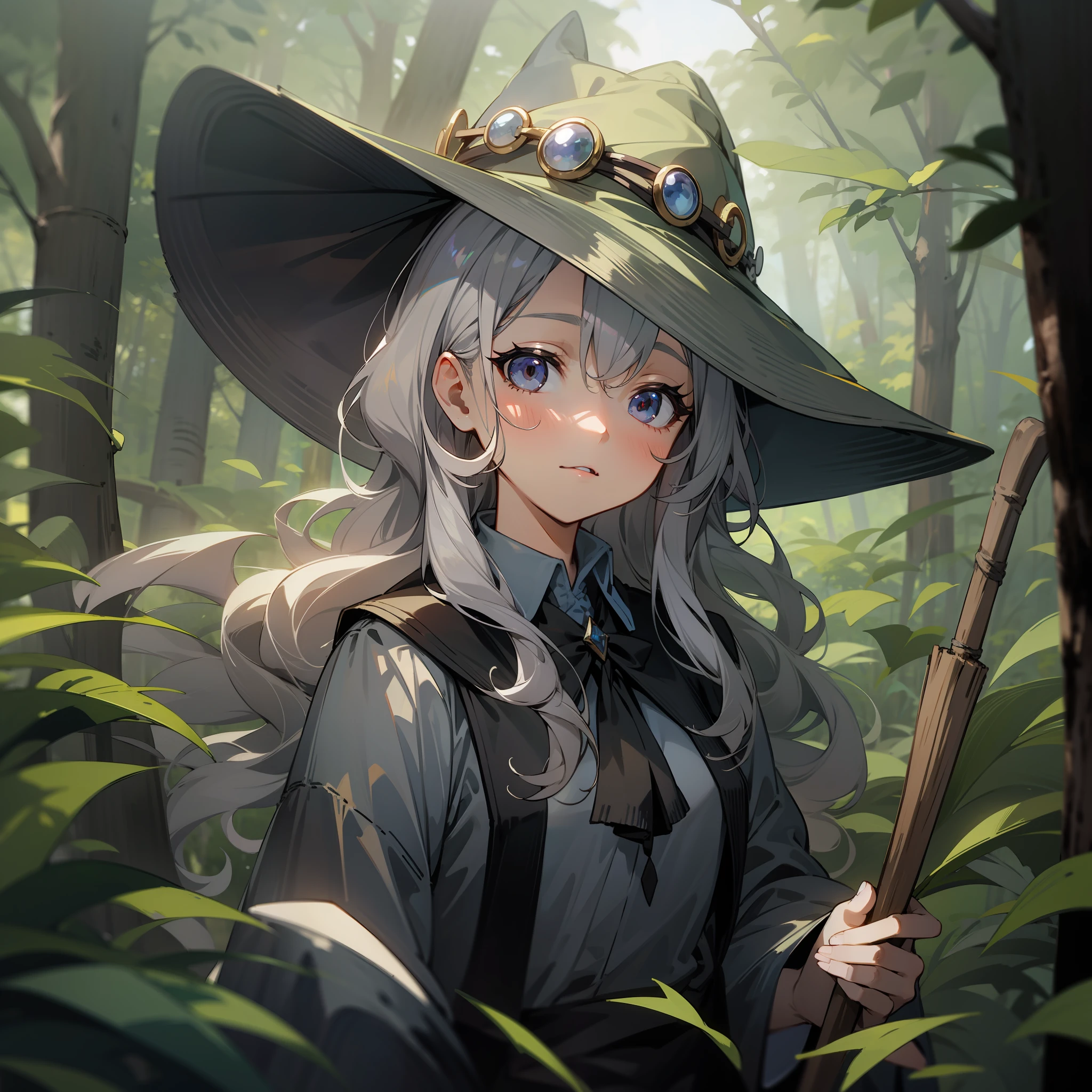 the witch、Silver wavy hair、Being in the forest、Witch Hat、broom、natta