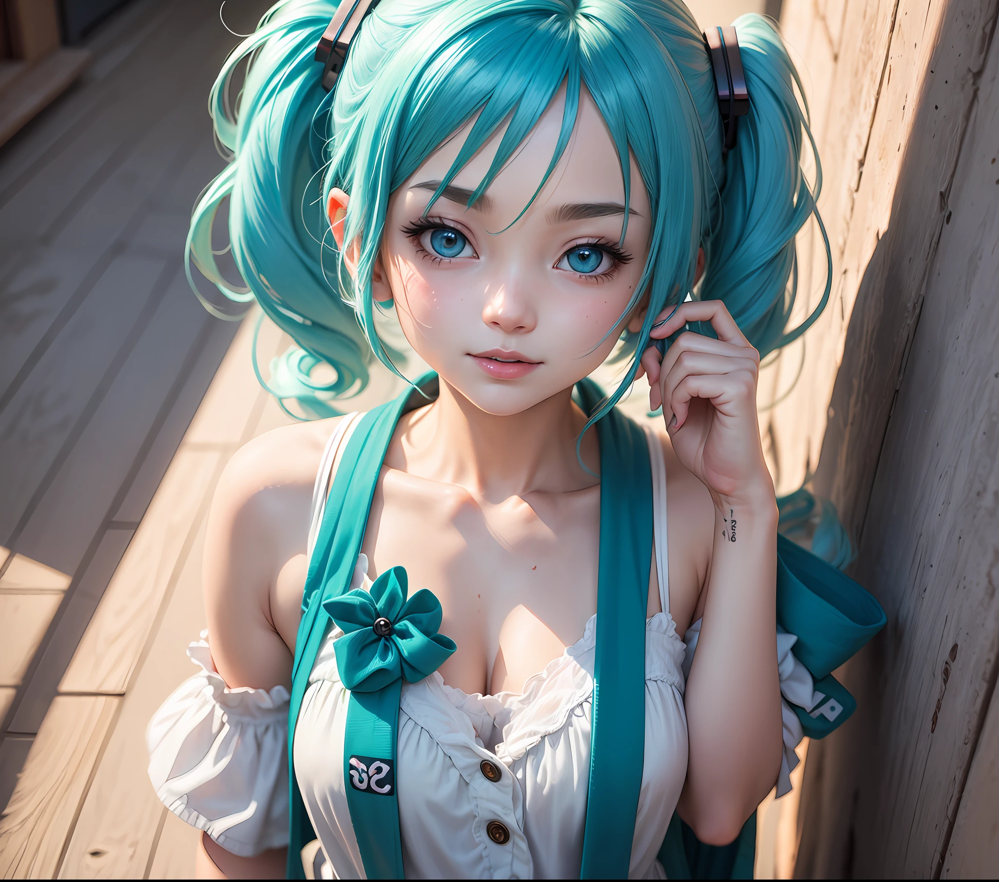 Blue-haired anime girl holding a green umbrella in front of the wall, hatsune miku face, Portrait of Hatsune Miku, hatsune miku portrait, mikudayo, Hatsune Miku, Os amigos, vocaloid, Hatsune Miku short hair, Anime girl with teal hair, closeup cleavage!!, close up of a young anime girl, water color nendoroid, Also --auto