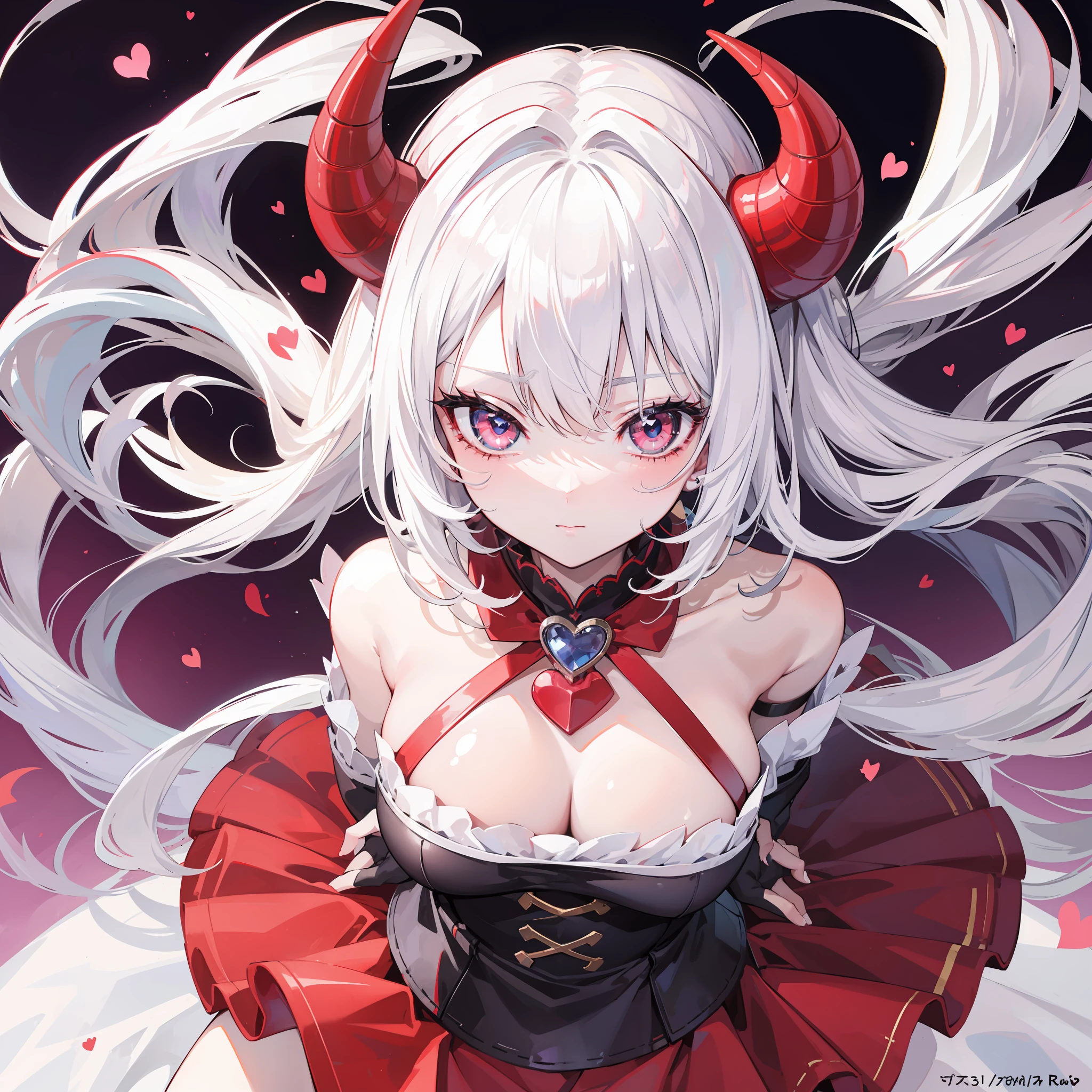 white hair, demon horns, heart-shaped eyes, torogao, anime, anime style, 8k, super detail, ccurate, best quality
