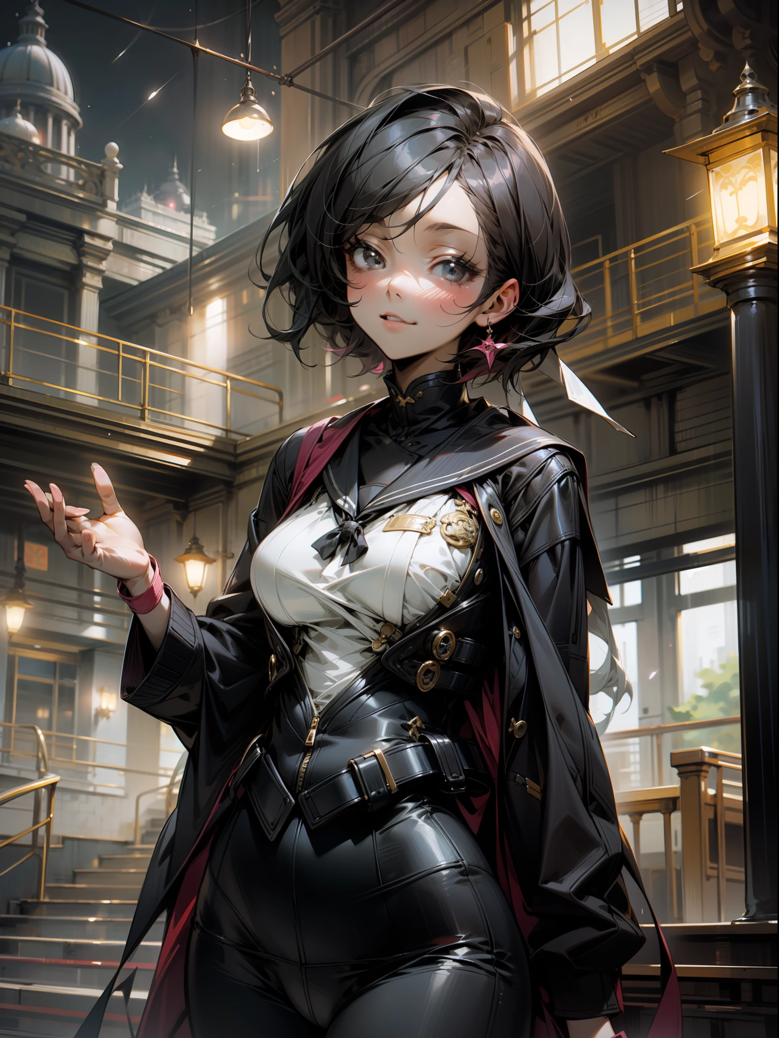 masutepiece, Best Quality, Ultra-detailed, kawaii, Cute, lovely, Sexy, Ero, Extremely detailed, 4K, 8K, Best Quality, Beautiful, from below looking up, School, Night, Pretty women, Solo, Suit, Beautiful black hair, Beautiful black eyes, Beautiful eyes, large full breasts, lightsmile,