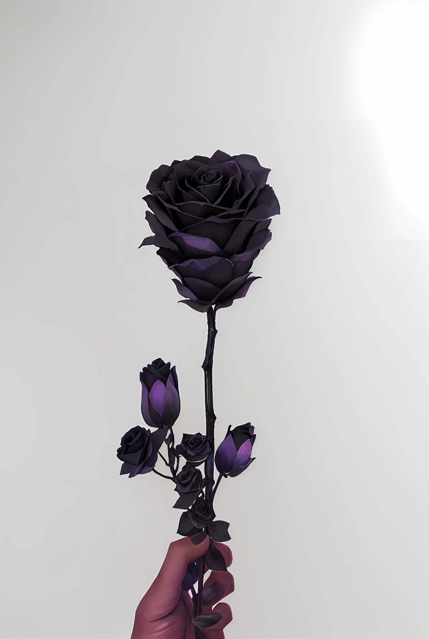 Close-up of a person holding a flower in his hand, black roses, Black roses, she is the queen of black roses, ✏️🎨, Black and purple rose petals, author：Anna Fossley, black ink painting, Dark and realistic, Black watercolor, Surrealism on black background, Very realistic, dark chocolate painting, author：Ross Enriquez