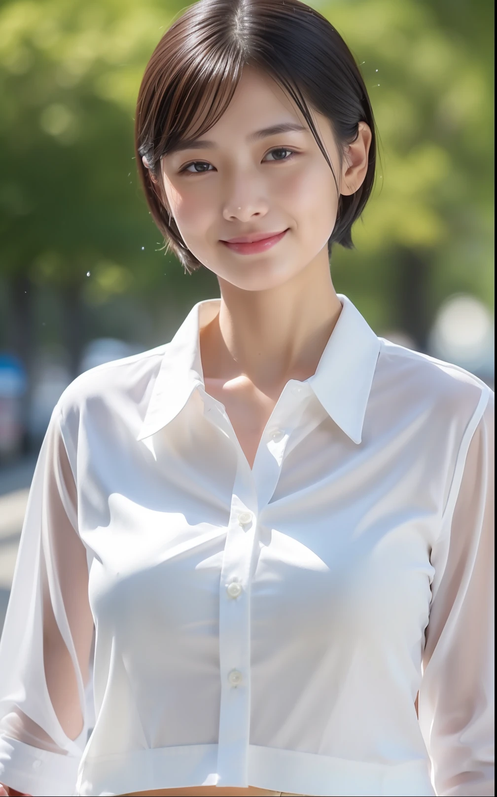 ((top-quality、8K、masterpiece))、Spring scenery、Cute Japan woman in short cut、Spring schoolgirl uniform、foco nítido、Beautiful woman with perfect body shape、Slim abs、((Wet White Button Long Shirt、)street、wetbody、Highly detailed facial and skin texture、A detailed eye、二重まぶた、Beautiful breasts、A slight smil