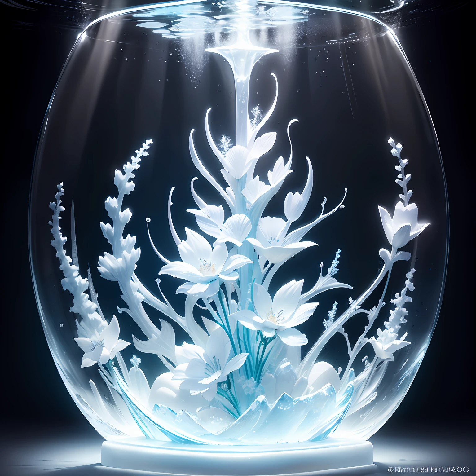 Ice sculpture in flower shape, in the water, bright background, studio lighting,romantic style, glass-like sculptures, frozen movement,high details,expensive style,pop style, high details white and silver tone --auto
