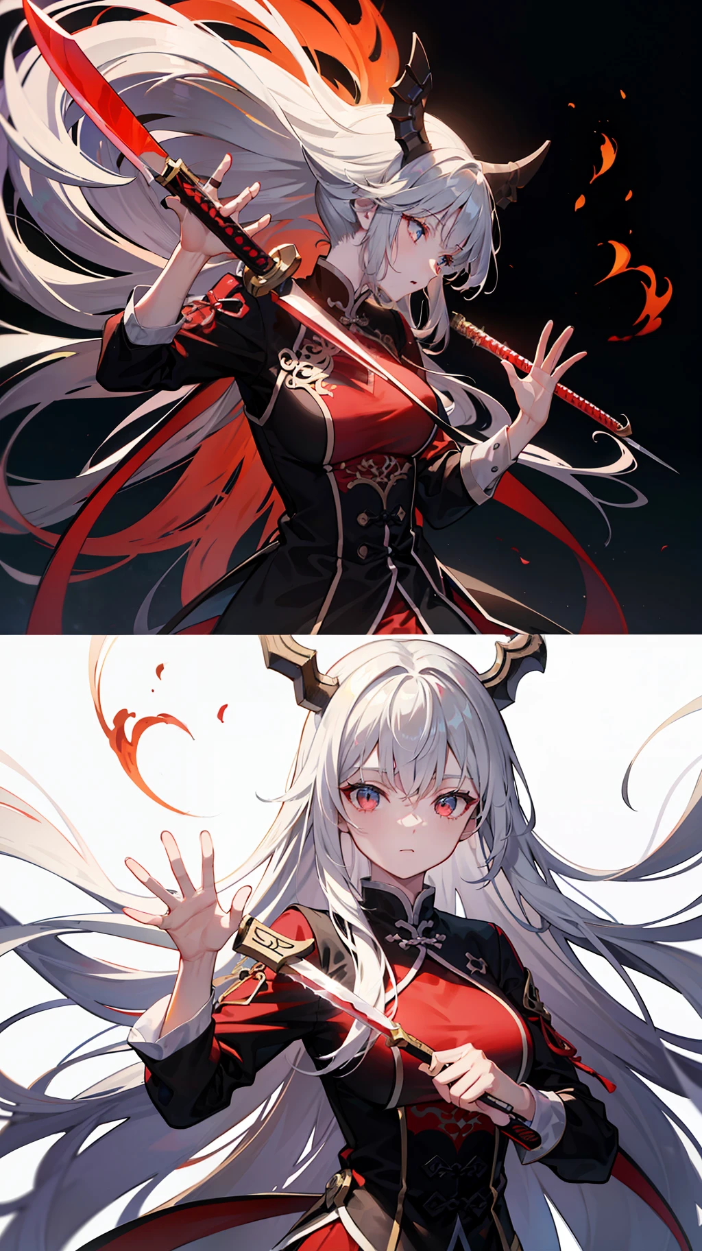 RAW photogr，best qualtiy，tmasterpiece，超高分辨率，（realisticlying：1.4），Anime a poster，1 hand holding a large long knife，Two hands，wave，Traditional Chinese ink style，Girl Dragon Slayer，The main color is red, White, black ink，Dynamic movements，dynamicposes，sport，full bodyesbian：：1 Amazing Vector in oil painting environmental art cinematic， diorama， Complicated details， 独奏， shift dresses， Floating_Hair，Milky white skin