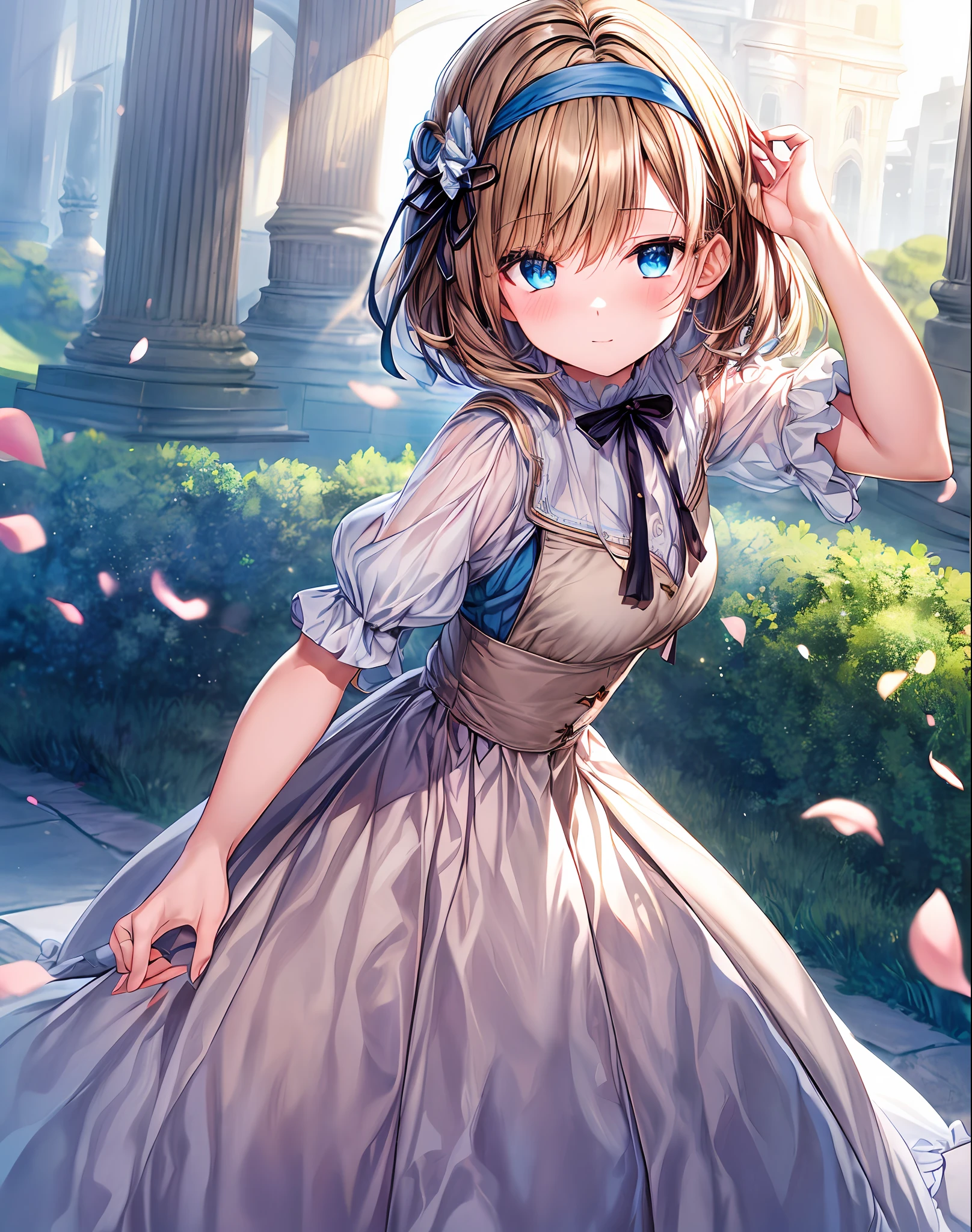 (masterpiece、top-quality)、1girl in、short-hair、light brown hair、red blush、light blue eyes、Beige vest、blue-sky、a park、rays of sunshine、beautiful hairl、cute face、long eyeslashes、White headband、Black ribbon in hair、frombelow、is standing