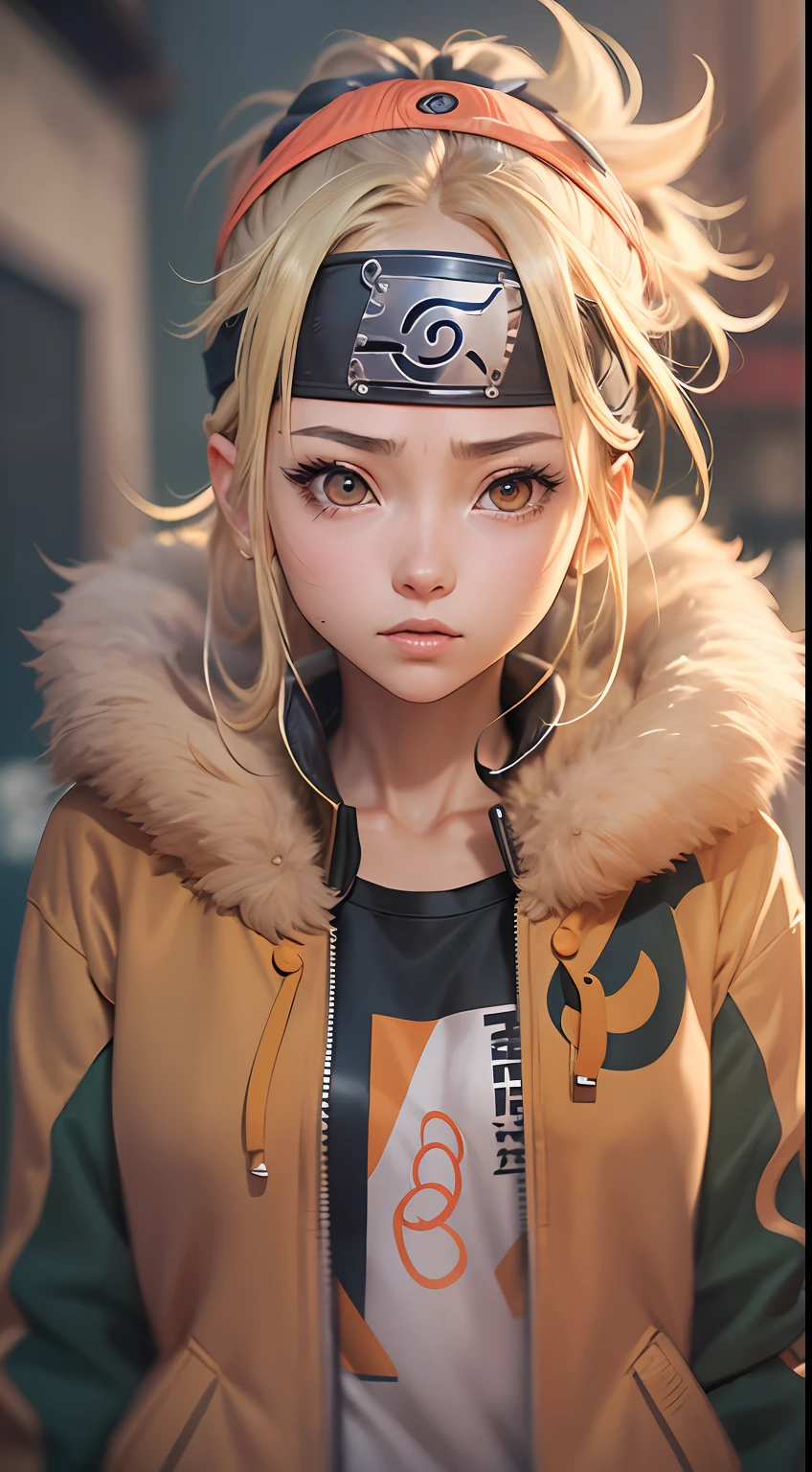 masterpiece, absurdness, 1girl with hazel eyes, (((Ino Yamanaka))), (Naruto Shippuden), solo, wearing a jacket, headband with the ((symbol from the Hidden Leaf Village)), looking at viewer, floating hair, anime style 4 k, realistic anime art style, anime style. 8k, beautiful anime girl