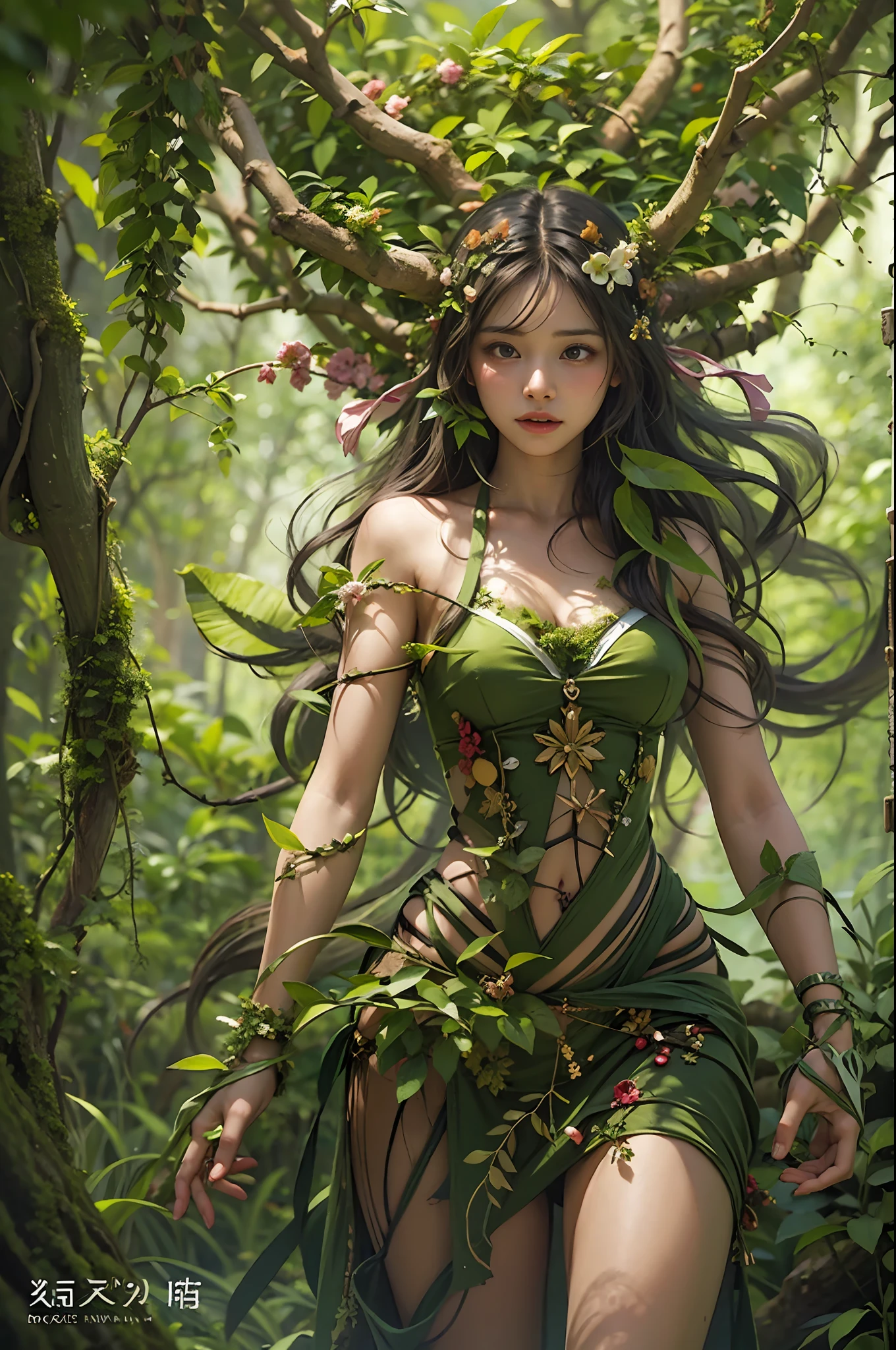 ​masterpiece, top-quality, 1 dryad、Slim body、small tits、exceptionally detailed anatomy, Leaf clothes、large leaves on the head,,,,,、lovely, emotive, Charming, Bewitching、Giant trees、Branch corridor、World Tree、Fantastical、Slim body、small tits、beautiful countenance、Tree Spirit、In the deep forest、Nymphs、myth 、PsyAI、Dynamic angles