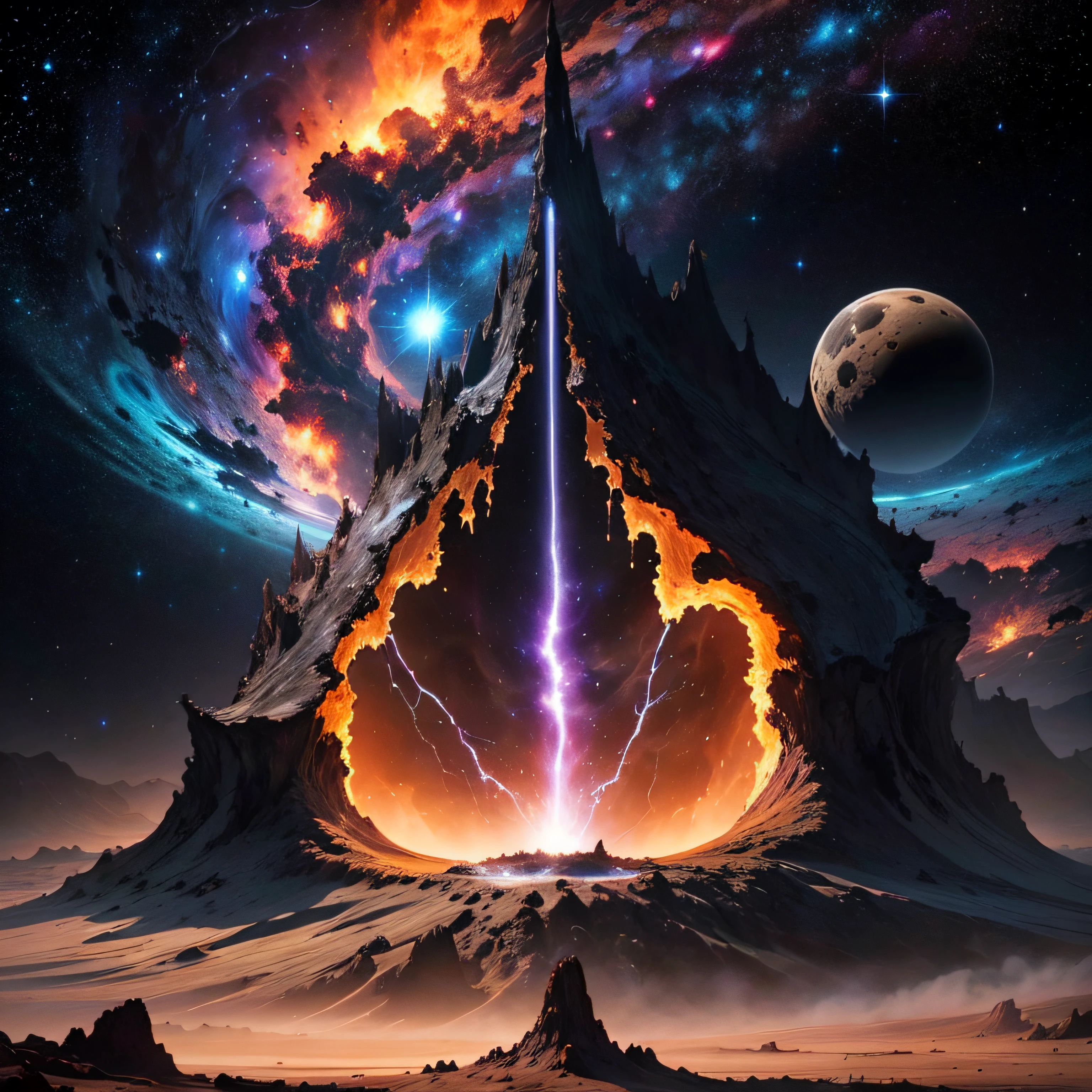 Black holes in the distance are ravaging the Milky Way,Located in space,Deep starry sky,the boundless universe,mistic,fantasy,erupting volcano,It's full of danger,There was magma everywhere --auto